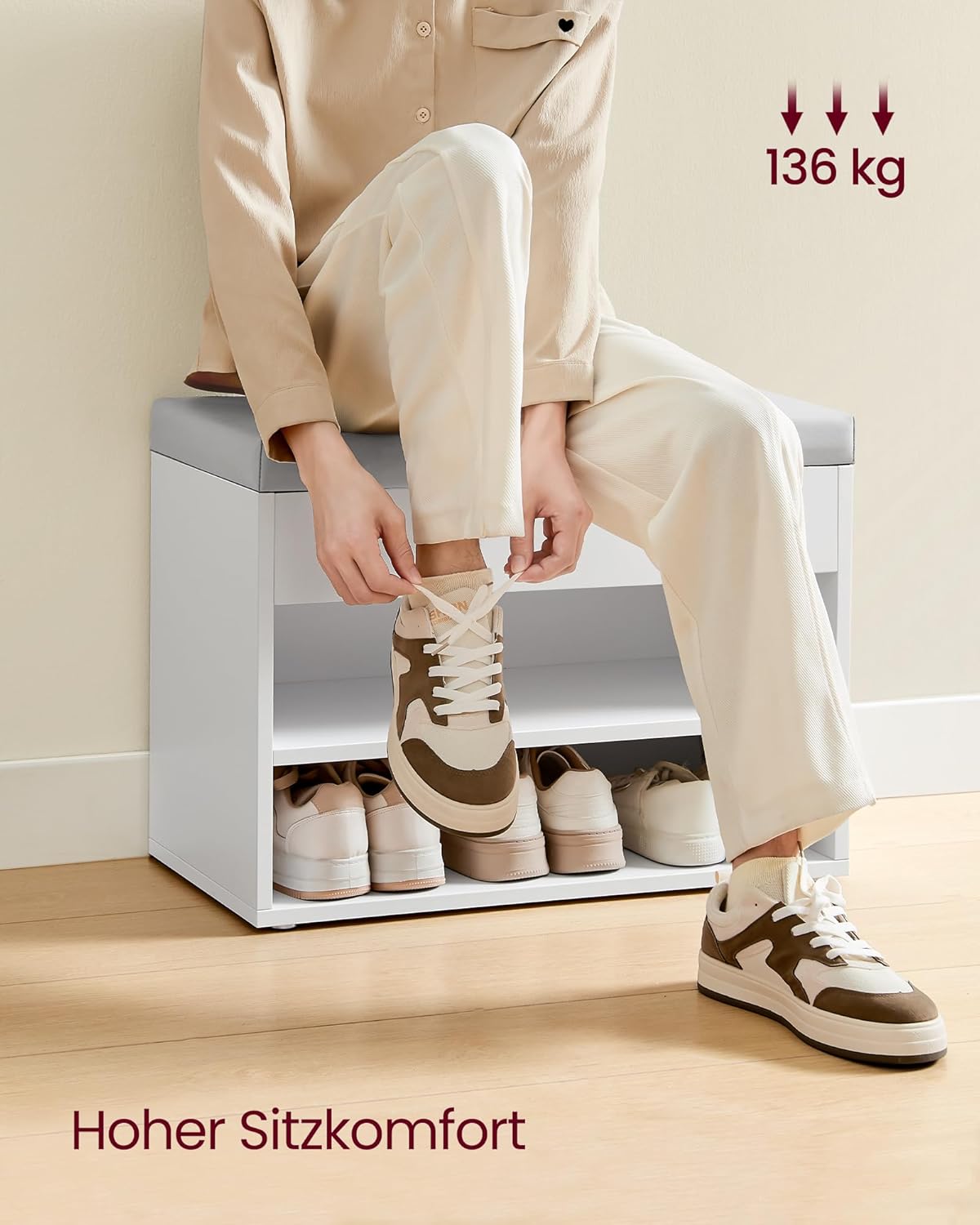 Schuhbank mit gepolstertem Kissen und Schuhregal, 60B cm Wolkenweiss