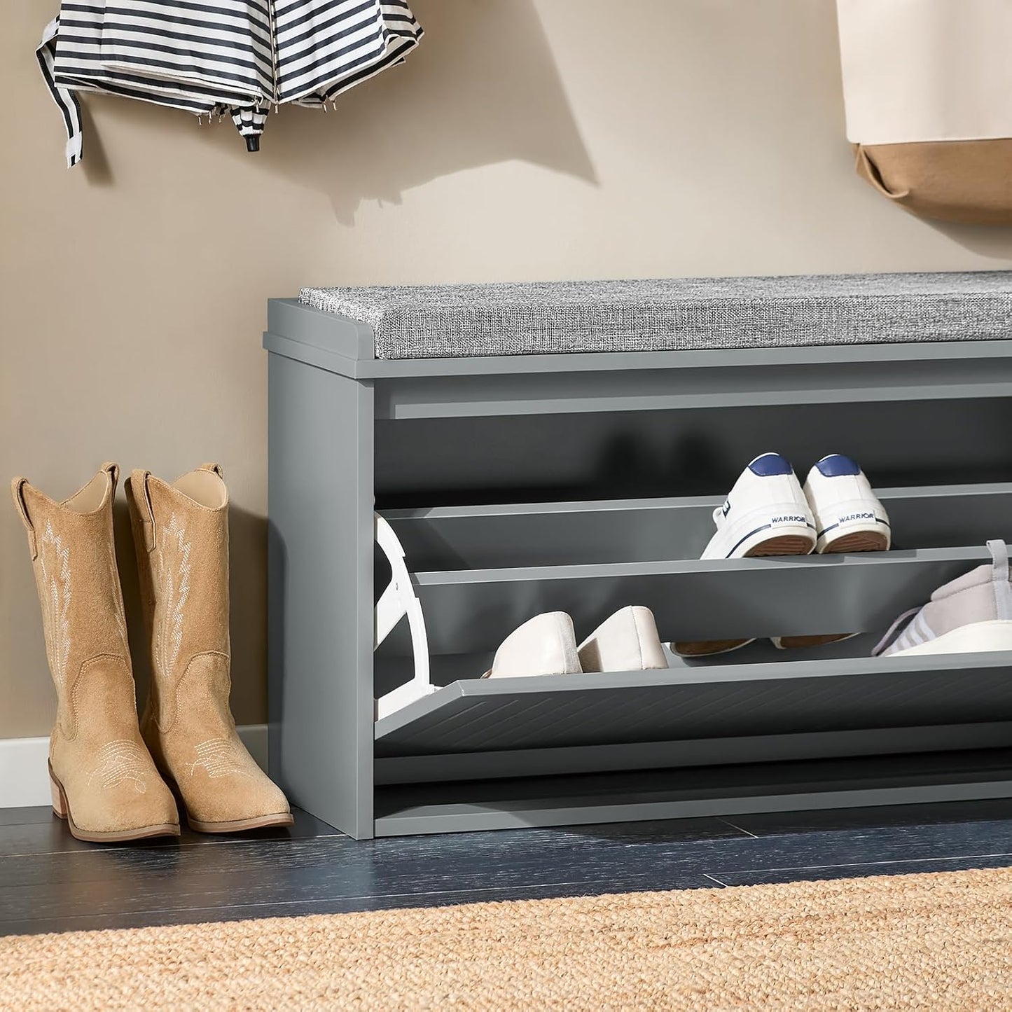 Schuhschrank Schuhbank mit Sitzfläche, Lange Sitzbank Hellgrau