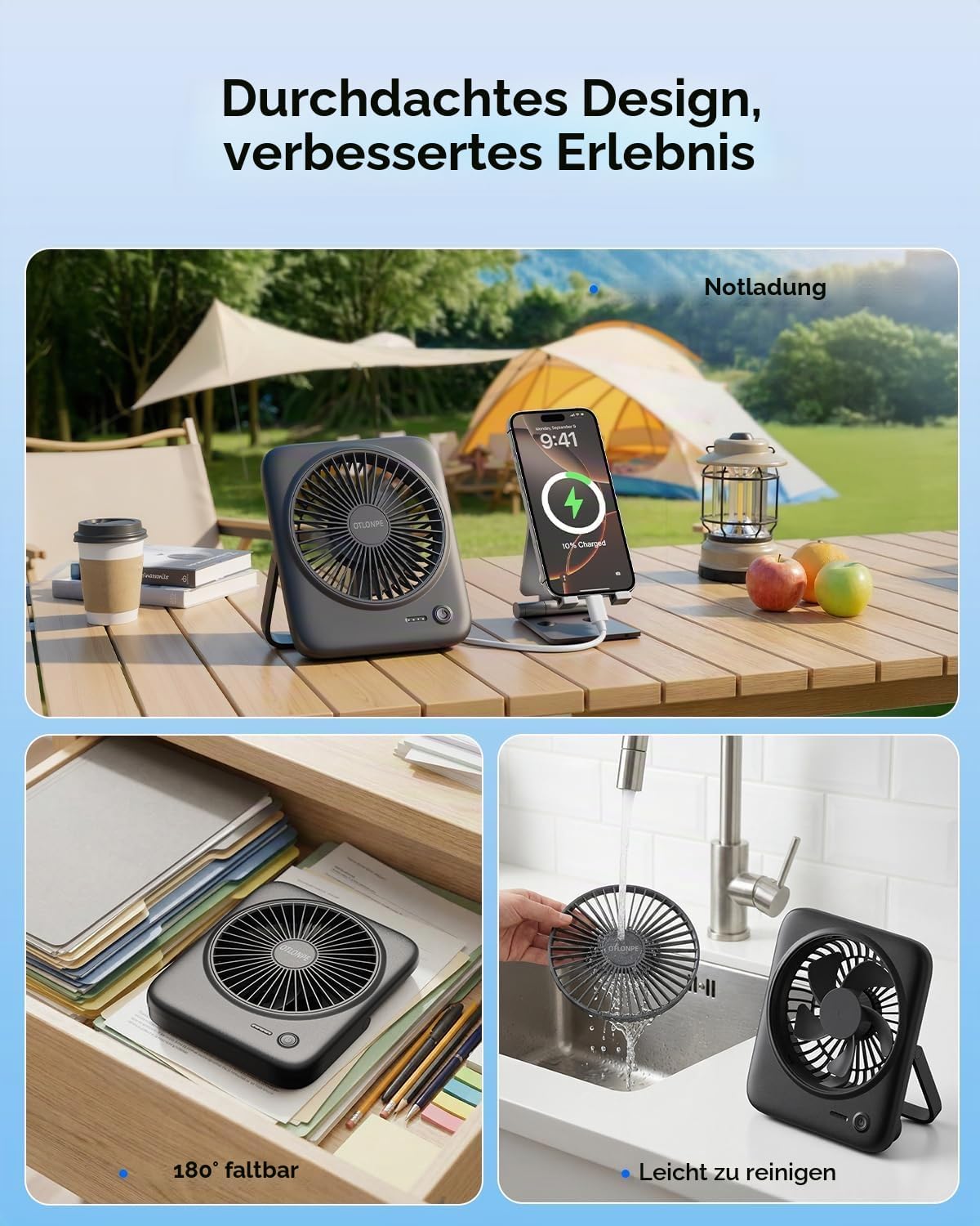 Tischventilator mit Akku, 4 Geschwindigkeiten, Schwarz