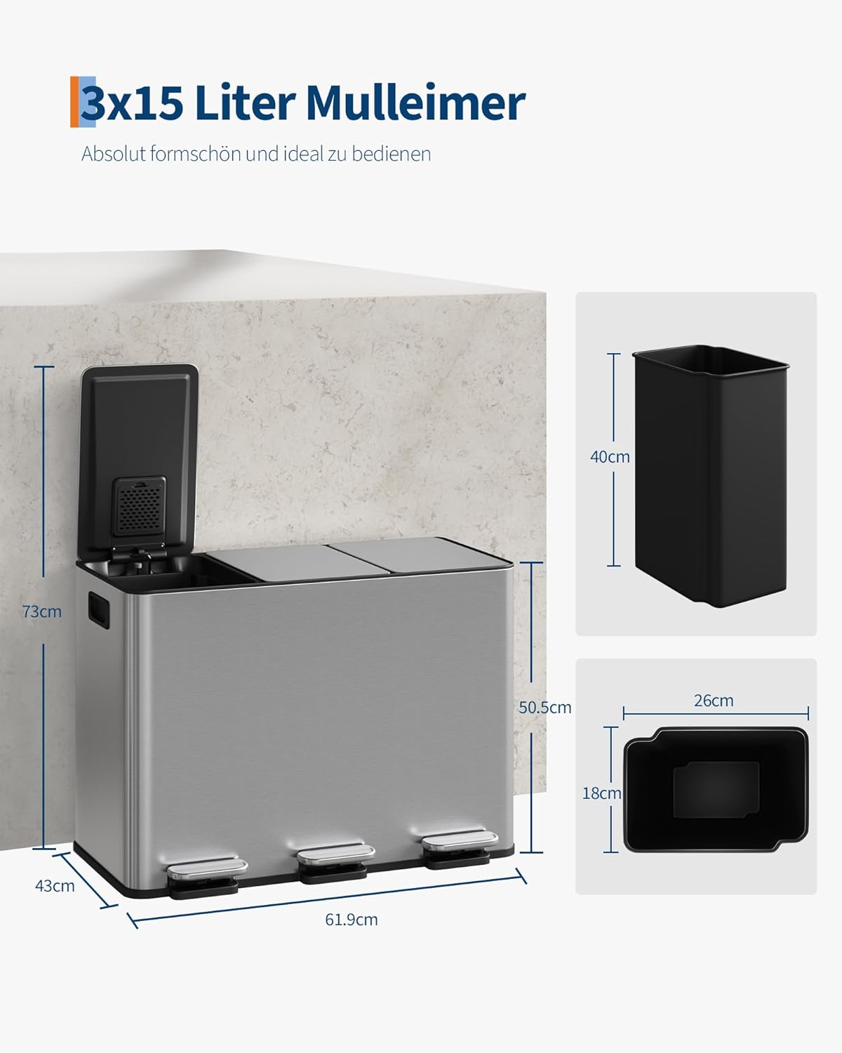 Mülltrennsystem mit 3 Fächern, Edelstahlfarben