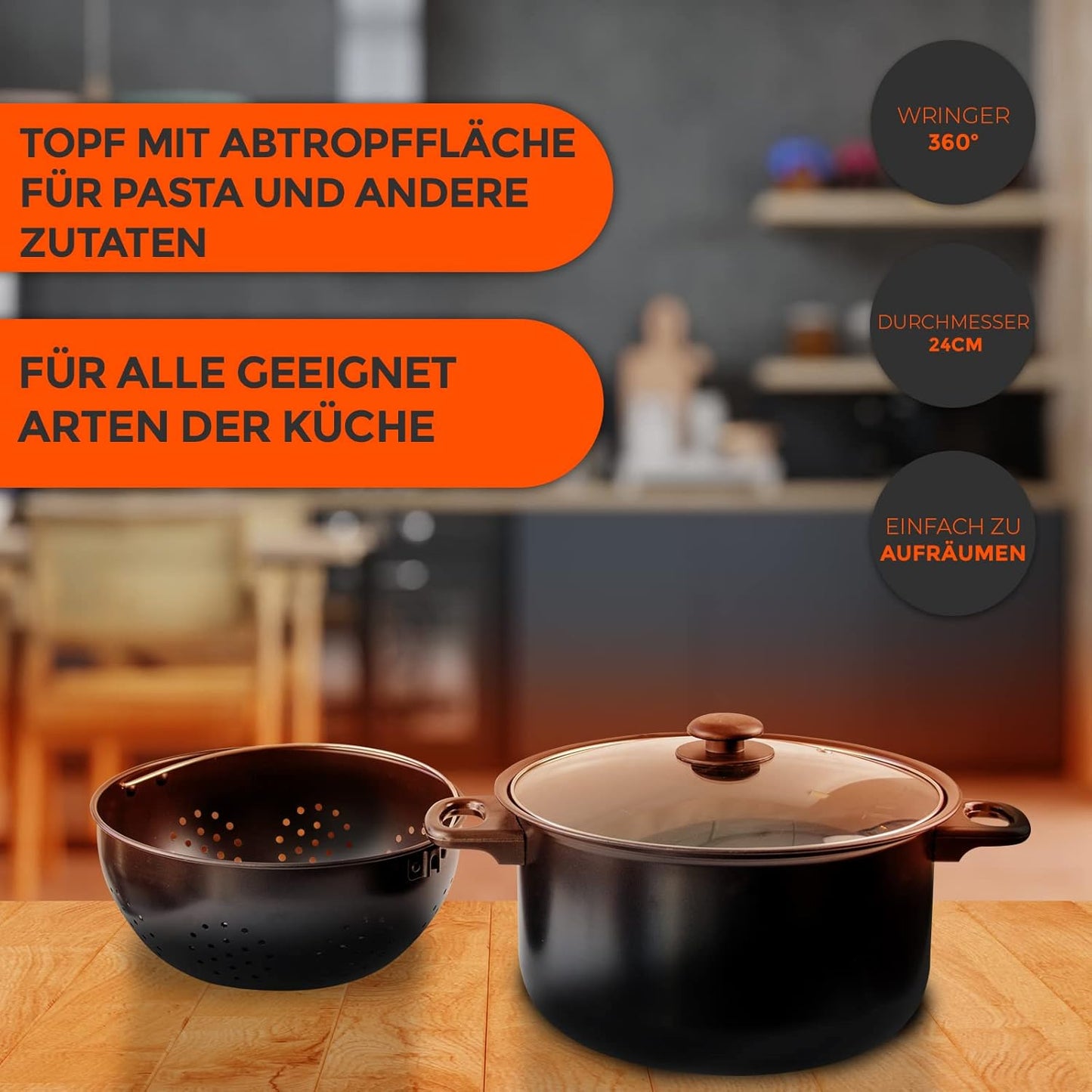 Pastatopf mit 360°-Abgiessdeckel