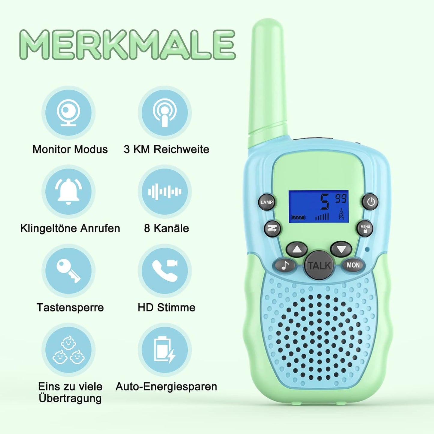 Wiederaufladbare Walkie Talkies für Kinder, Leicht Grün