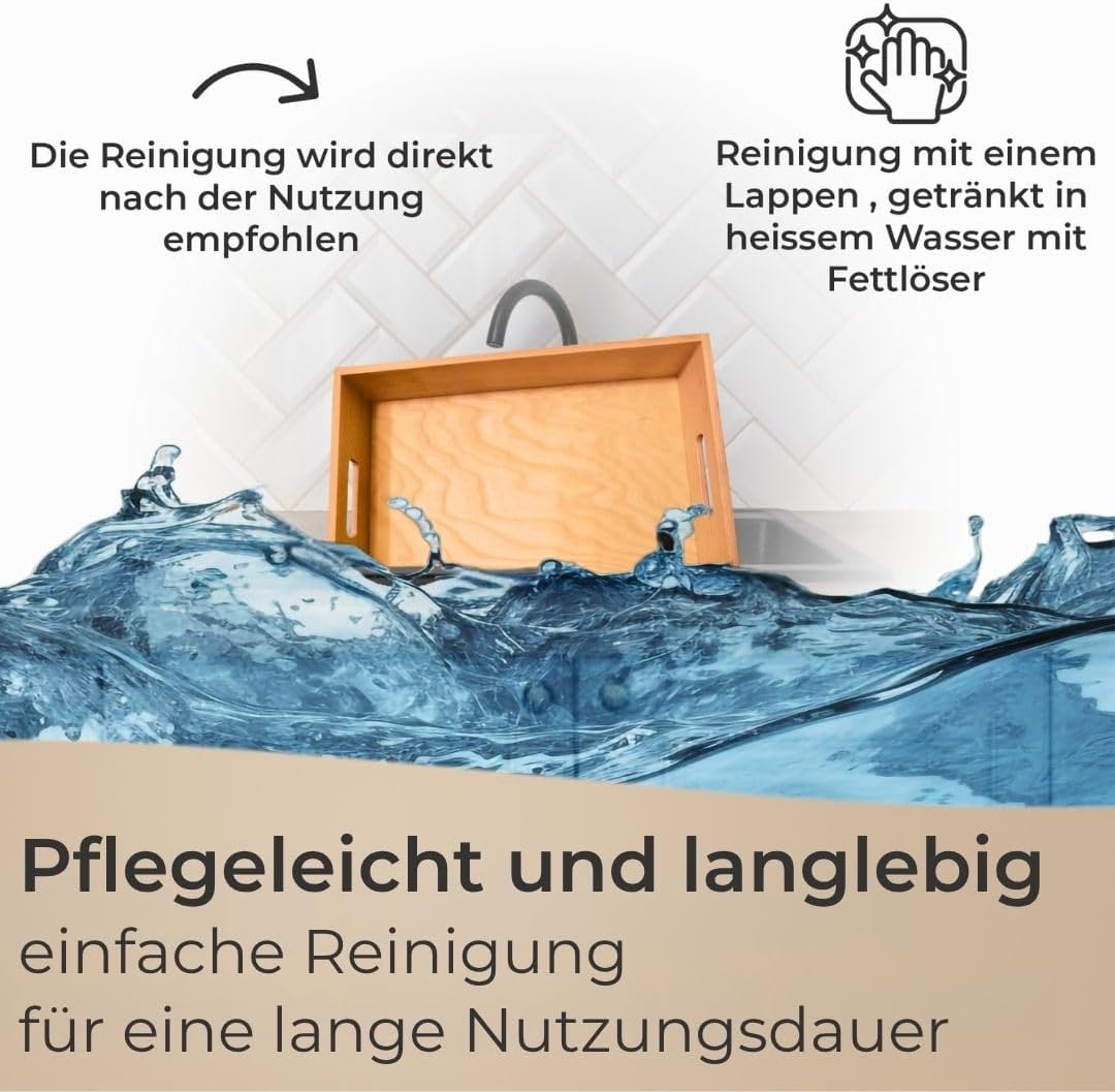 Serviertablett mit Griffen extra hoher Rand, Küchentablett Natur Büche Geölt