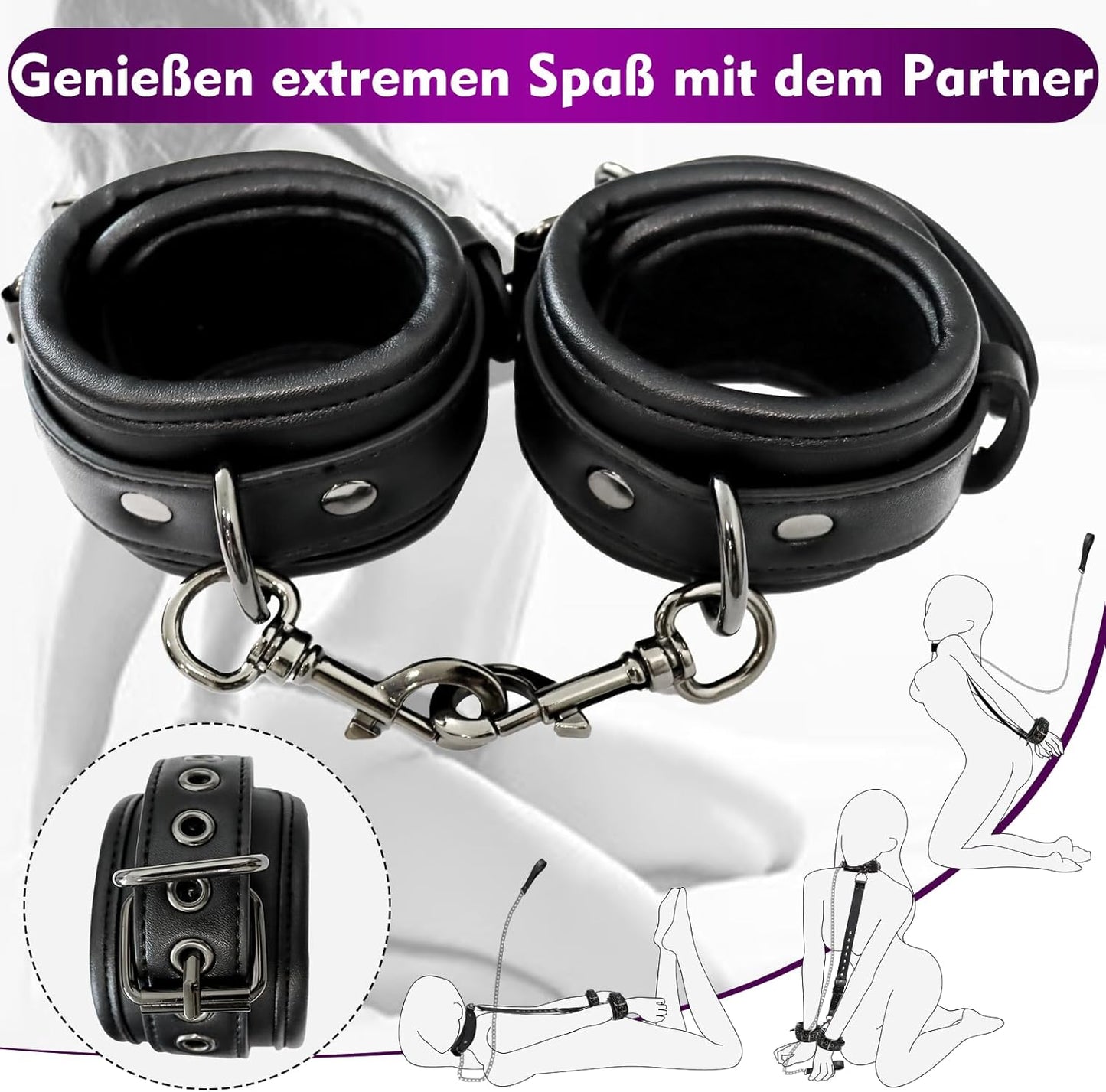 Bondage Set mit Lederhandschellen, Halsband und Leine