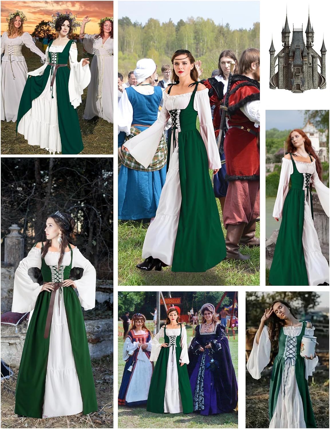 Renaissance Damenkleid mit Kapuze und Langarm, Grün XL