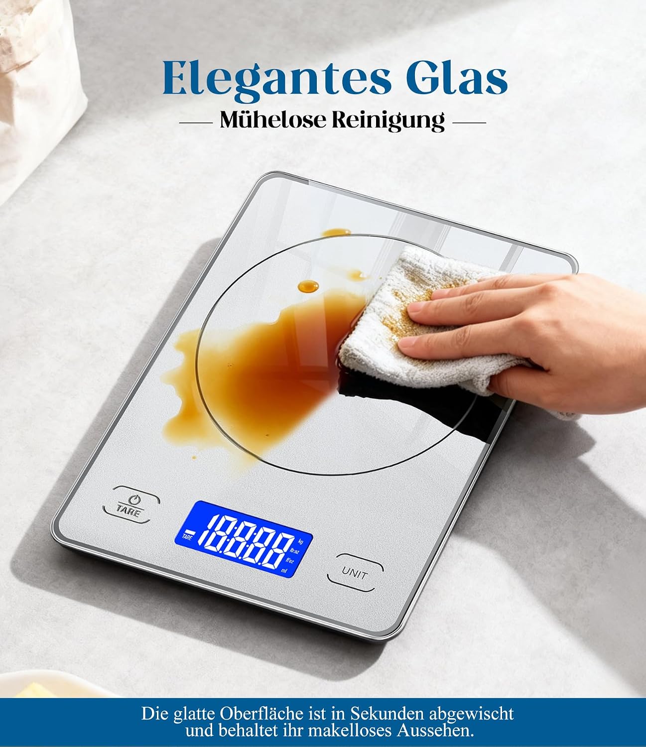 Digitale Küchenwaage mit 15 kg Kapazität, USB/Batterie, Hellsilber