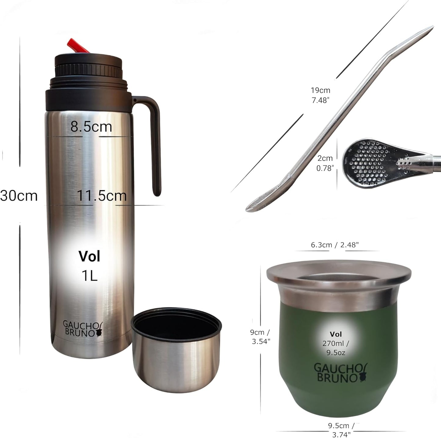 Thermo-Mate Set mit Bombilla und Flasche, Mate+bombilla+termo Grün