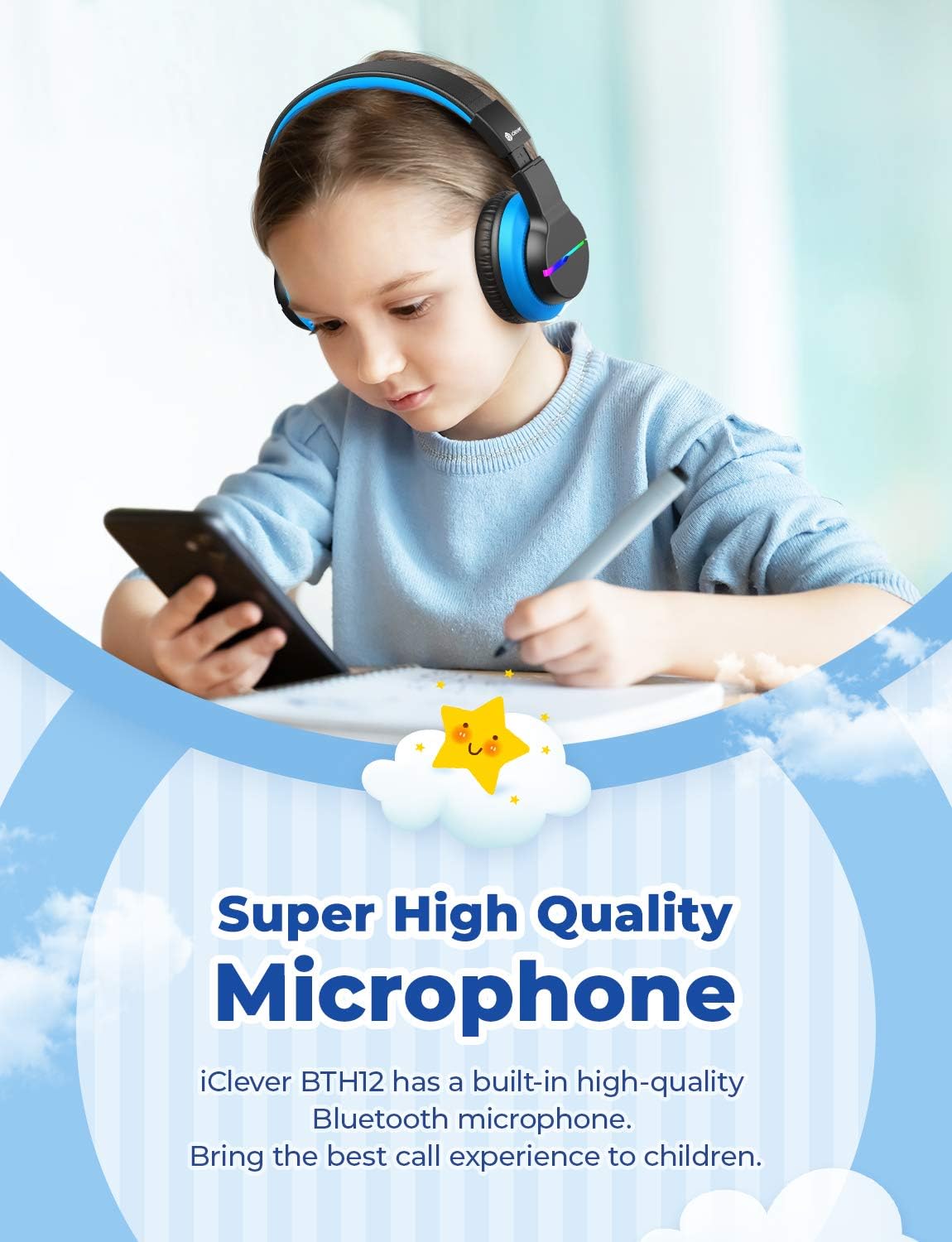 Bluetooth-Kinderkopfhörer mit LED, Schwarz