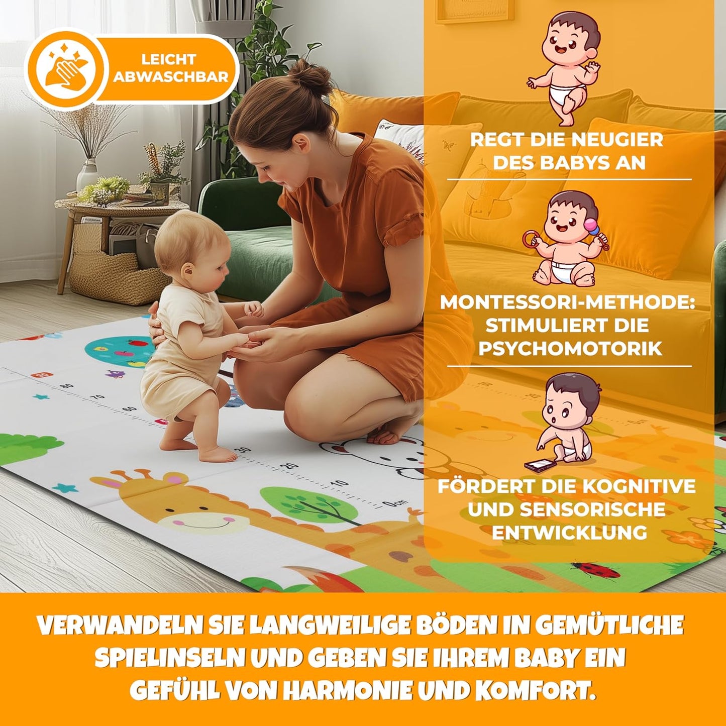 Faltbare Baby Krabbelmatte Giraffe und Bär, 180x120cm, rutschfest, Giraffe und Bär