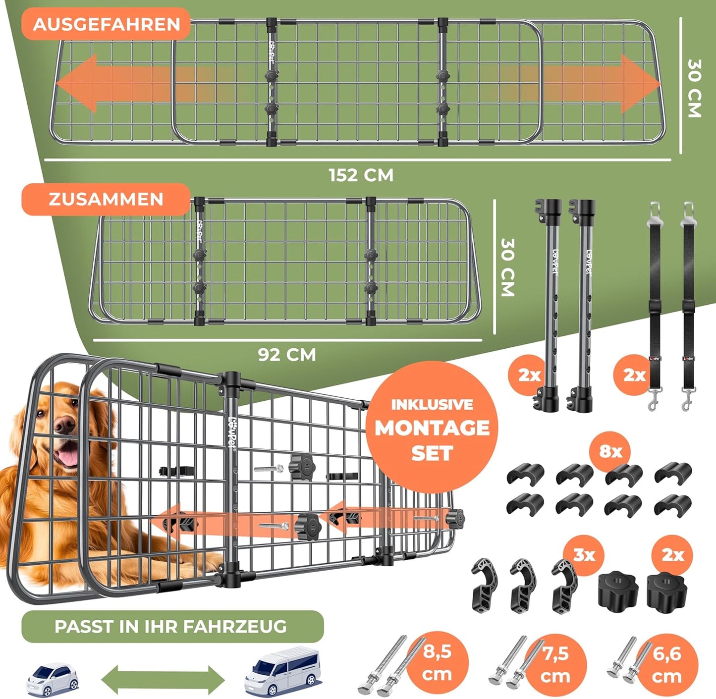 Hundegitter für Auto-Kofferraum, verstellbar, Anthrazit