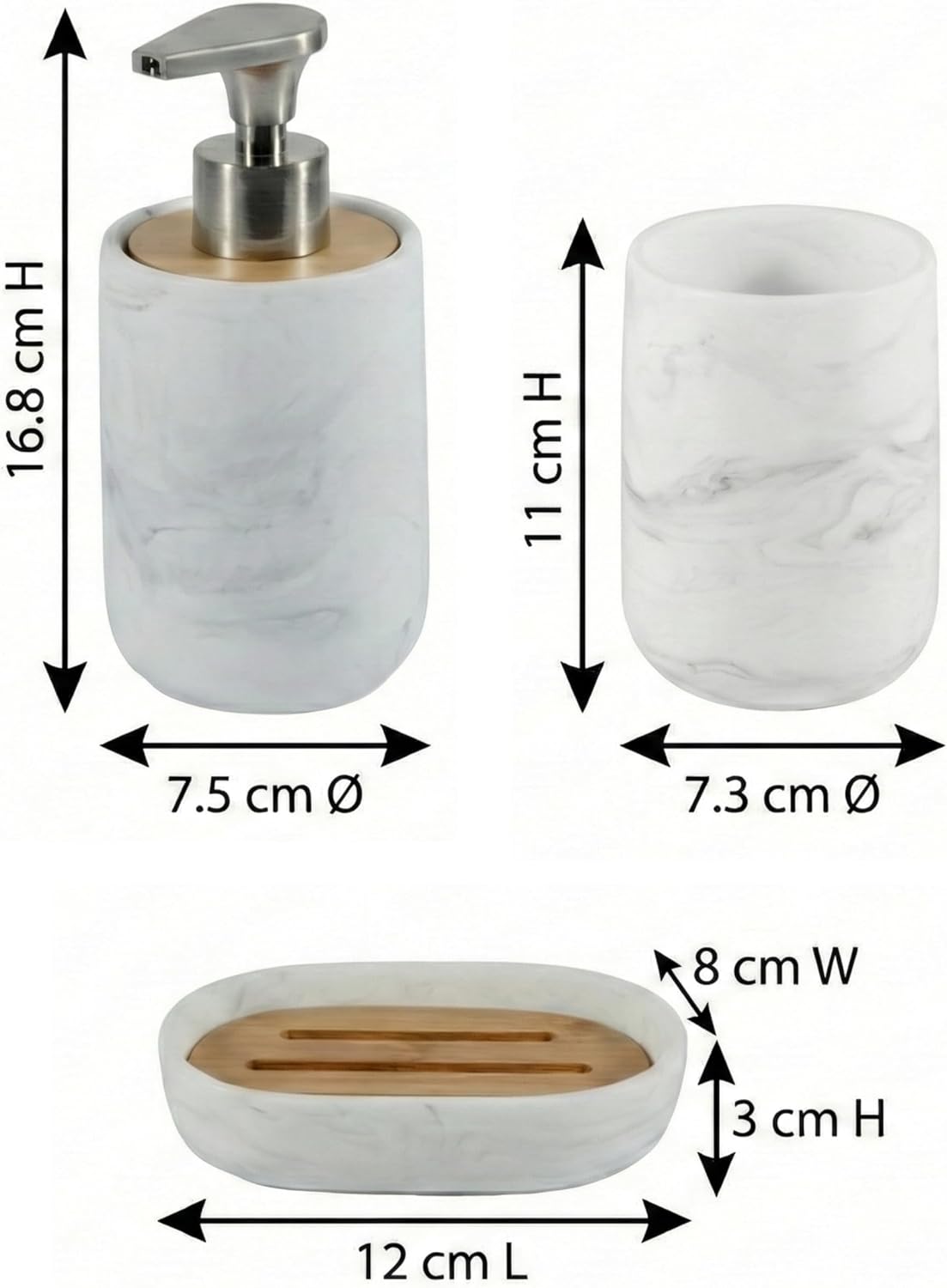 Badezimmer-Set 3-teilig (Seifenspender, Becher, Schale), Set 3 Marble