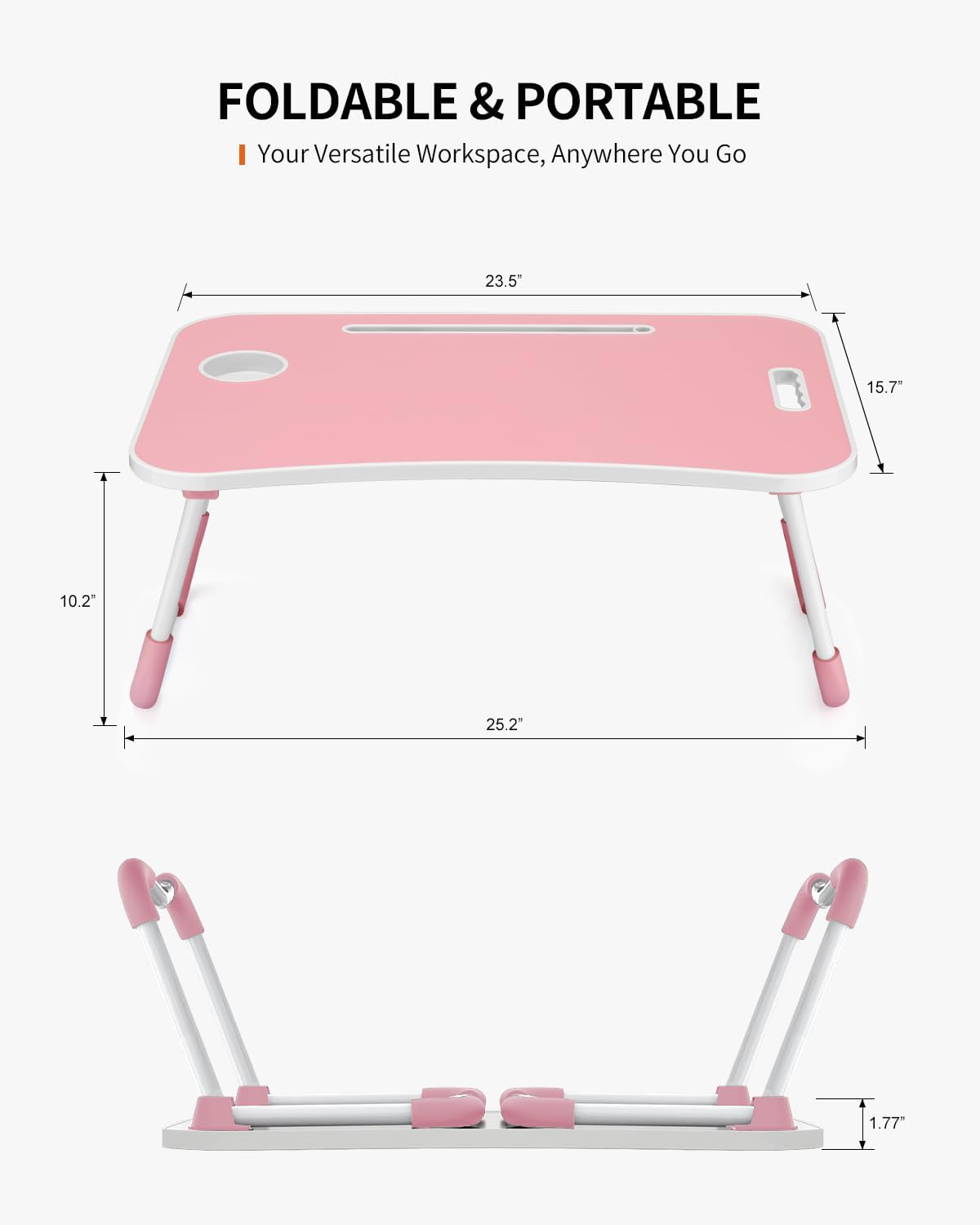 Faltbarer Laptoptisch mit Tablet-Schlitz & Getränkehalter, Pink