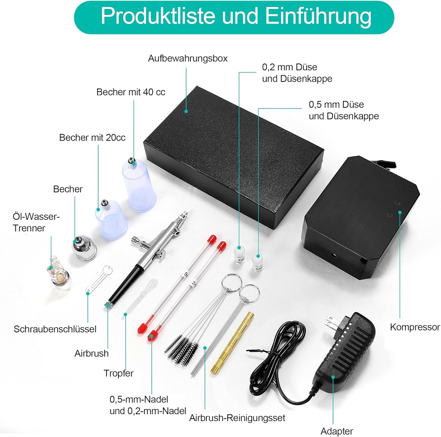 Dual Action Airbrush Set mit Kompressor, Schwarz