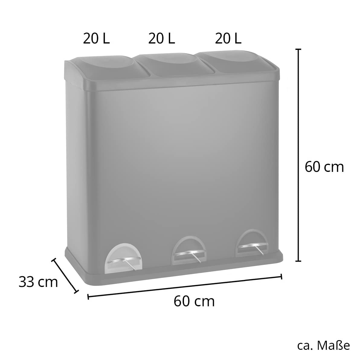 Treteimer für Mülltrennung (60 Liter, 3x20L), Schwarz