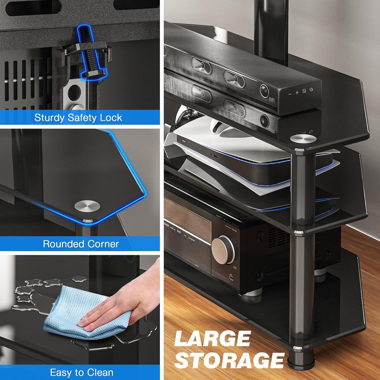 TV Rack mit Glasregalen für 32-70 Zoll Fernseher