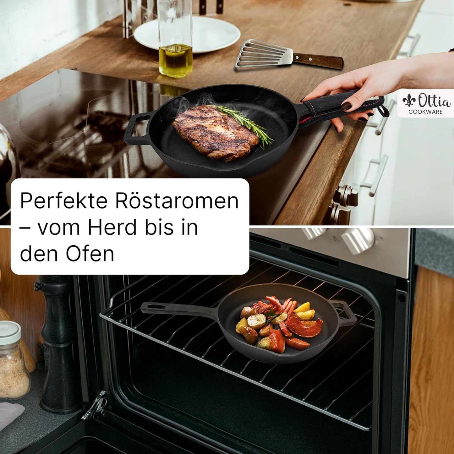 Gusseisenpfanne Induktion 24cm mit Zubehör-Set, 24cm ungeschliffen mit Zubehör