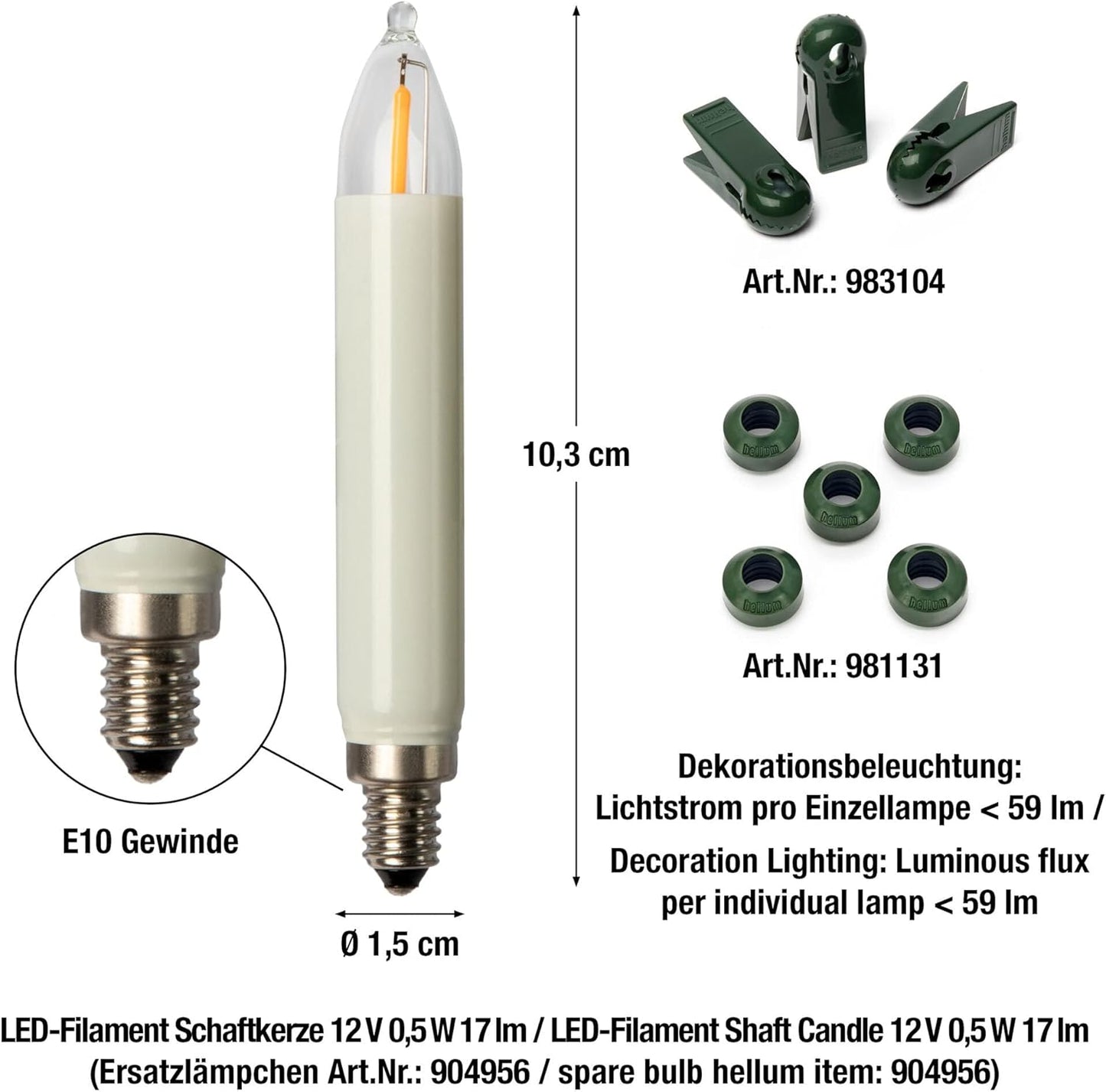 Weihnachtsbaum LED Kerzen-Lichterkette inkl. Ersatzkerzen, teilbarer Stecker, 20 LED-Filament (+2 Ersatz) / beleuchtet 19m, Weiss