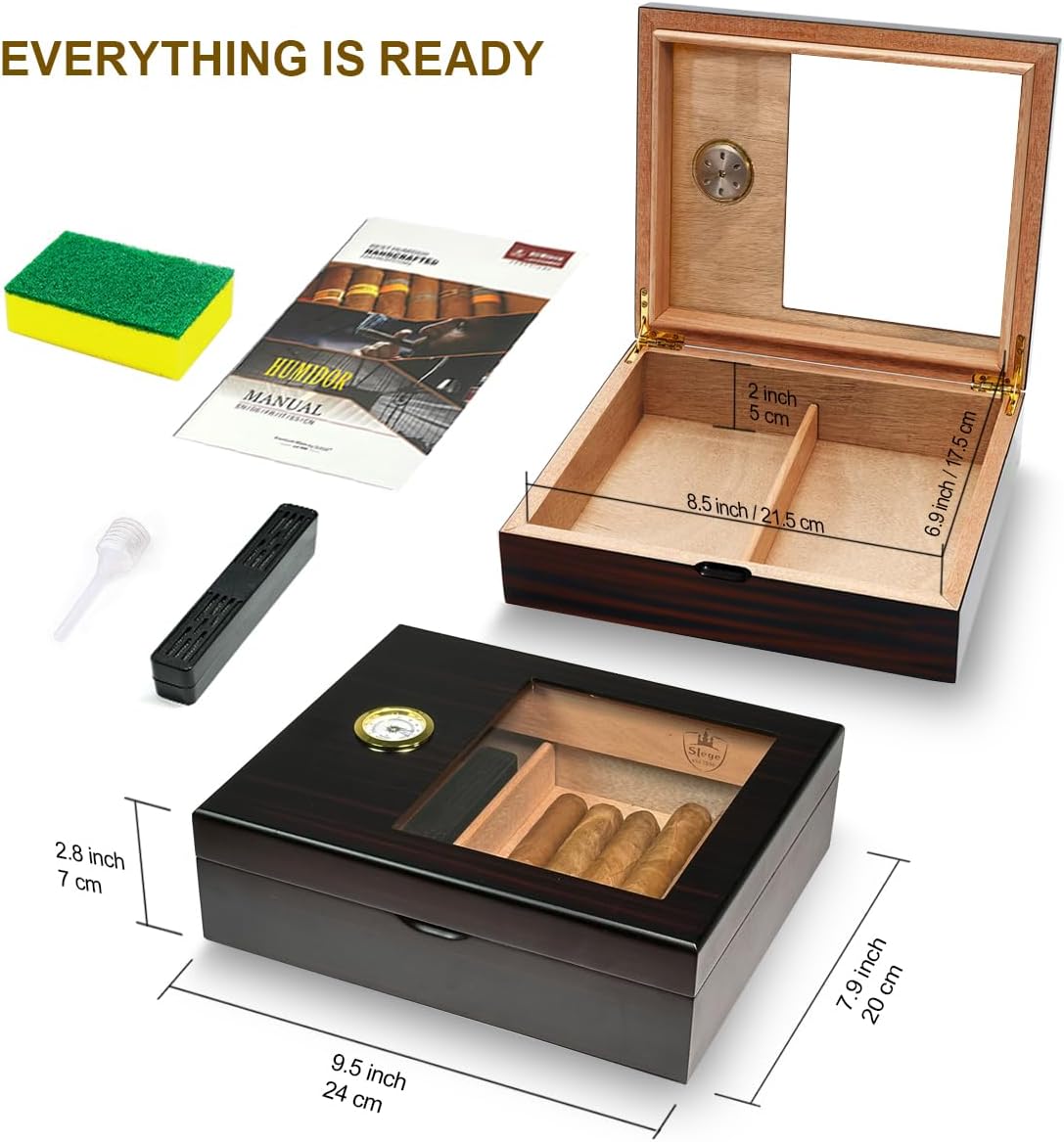 Zigarren-Humidor mit Hygrometer, Schwarz