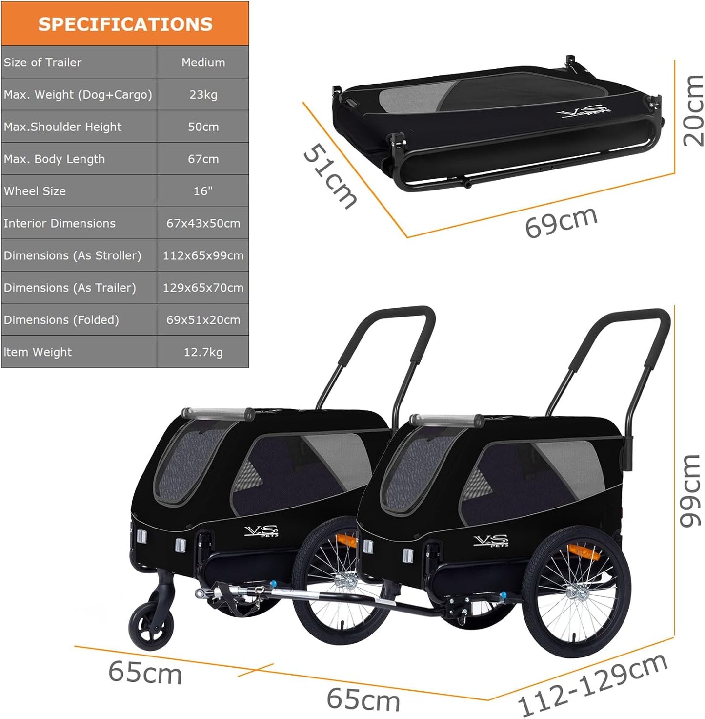VS 2in1 Hundeanhänger & Buggy bis 23kg, Schwarz