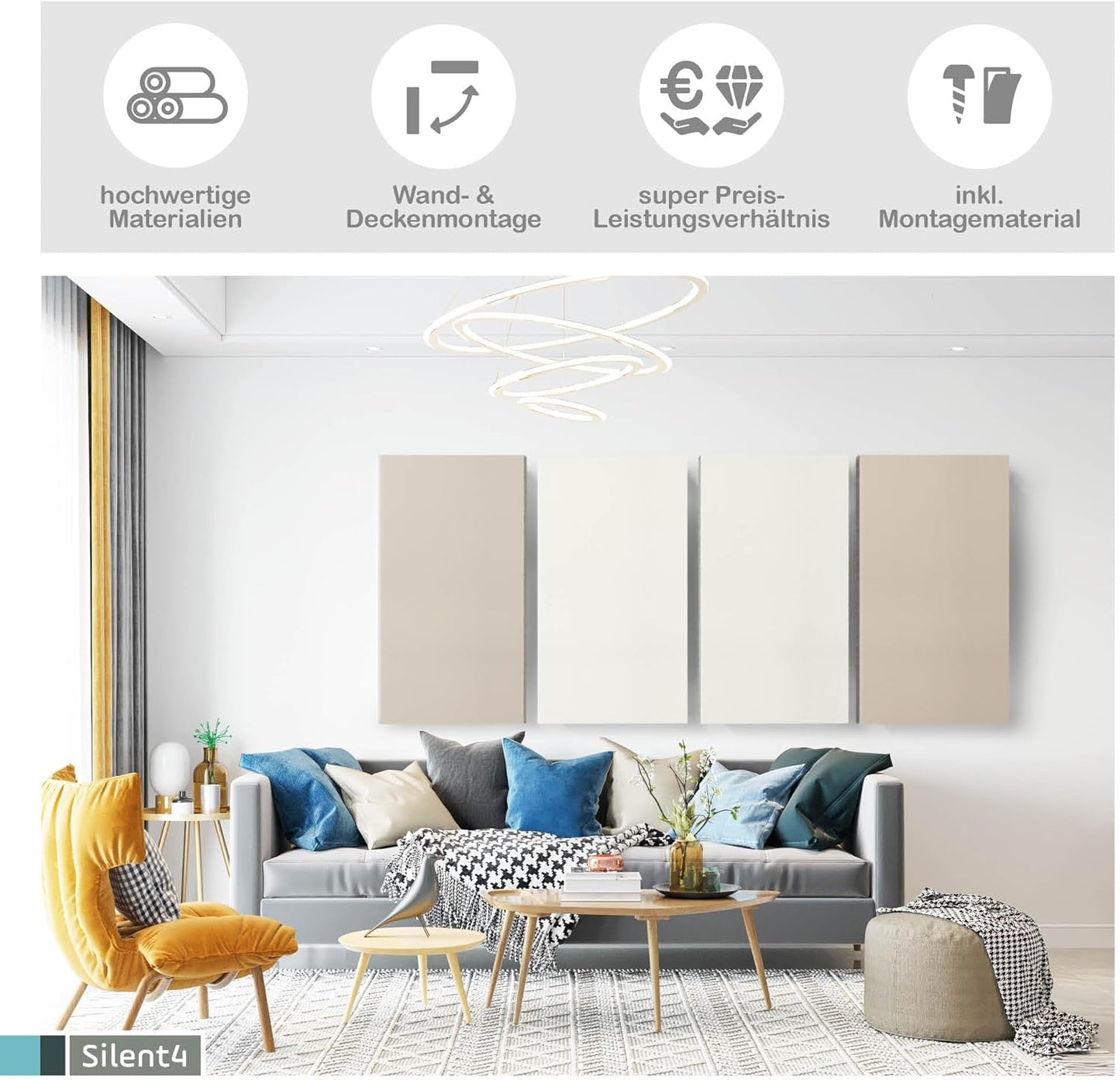 Schallabsorber Akustikpaneele, Decke & Wand: 120x60x5cm 24_Leinen (Holzrahmen)