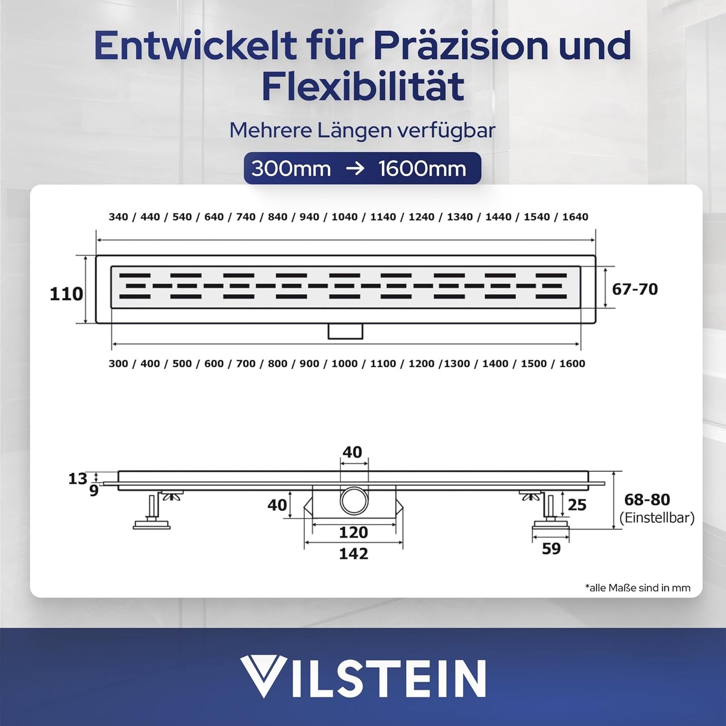 Extra Flache Duschrinne mit Geruchsstop & Haarsieb, 30 cm