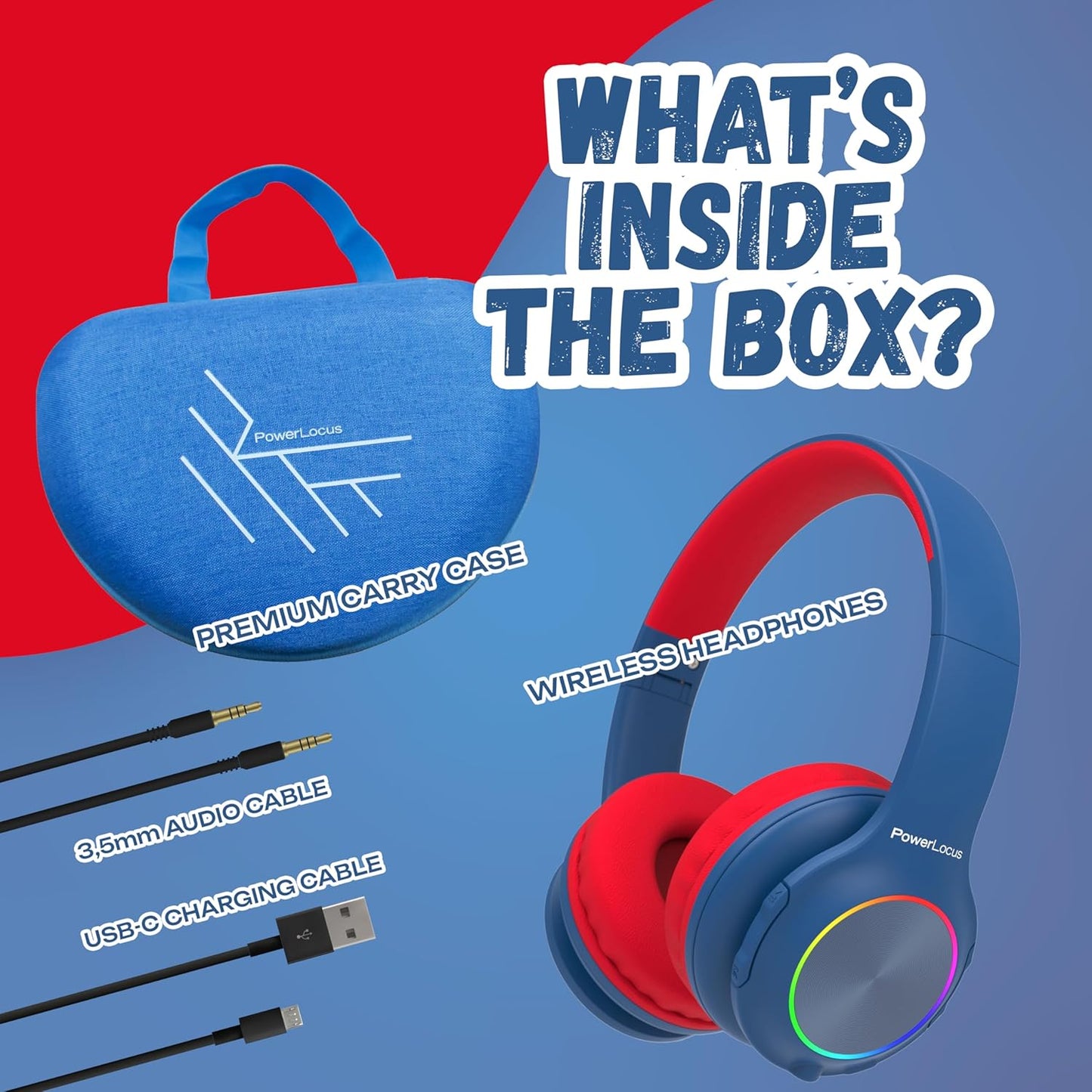 Kinderkopfhörer Bluetooth mit LED, Blau/Rot