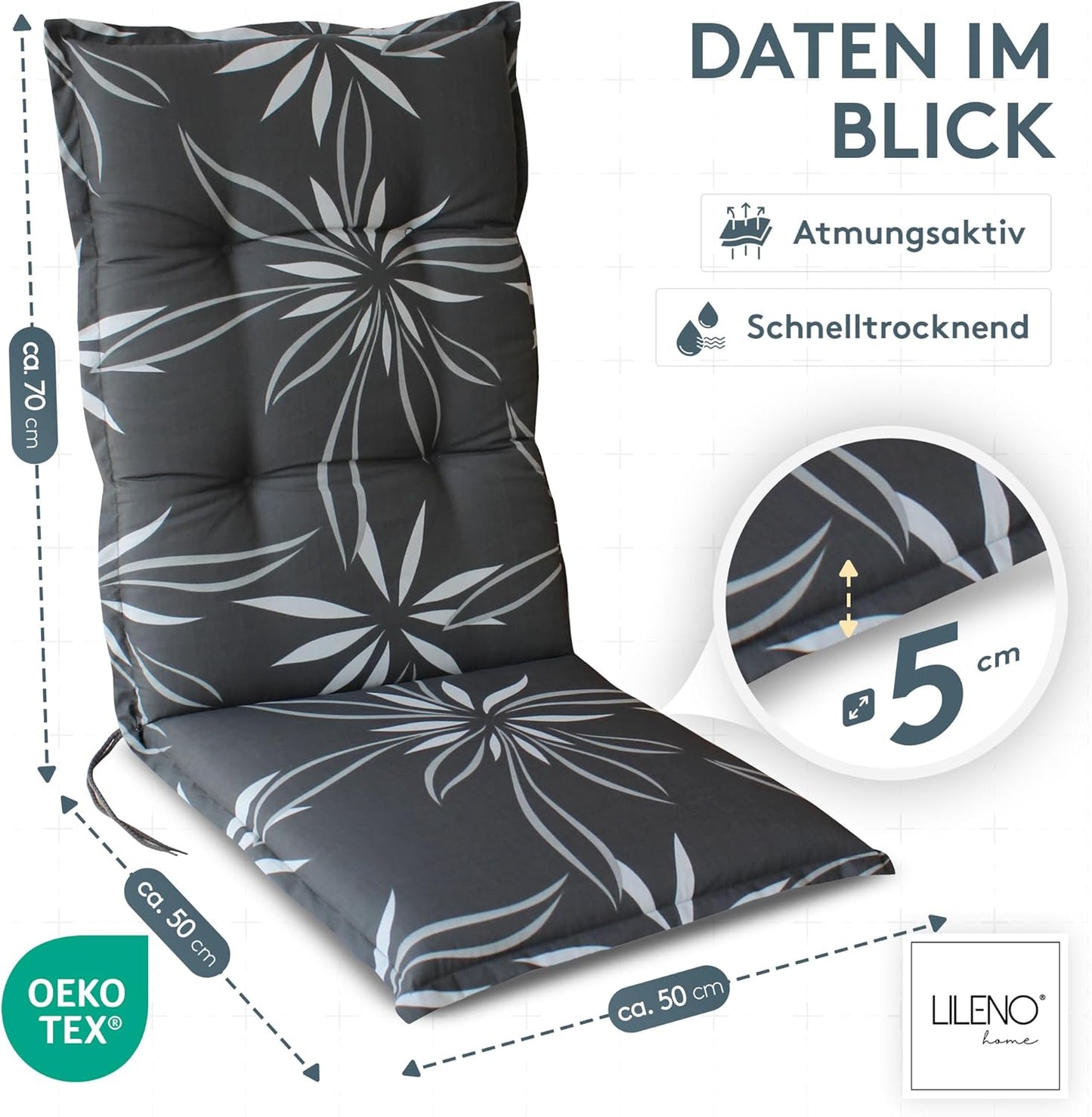 Gartenstuhl-Auflage für Hochlehner, Blume Anthrazit-weiss 1