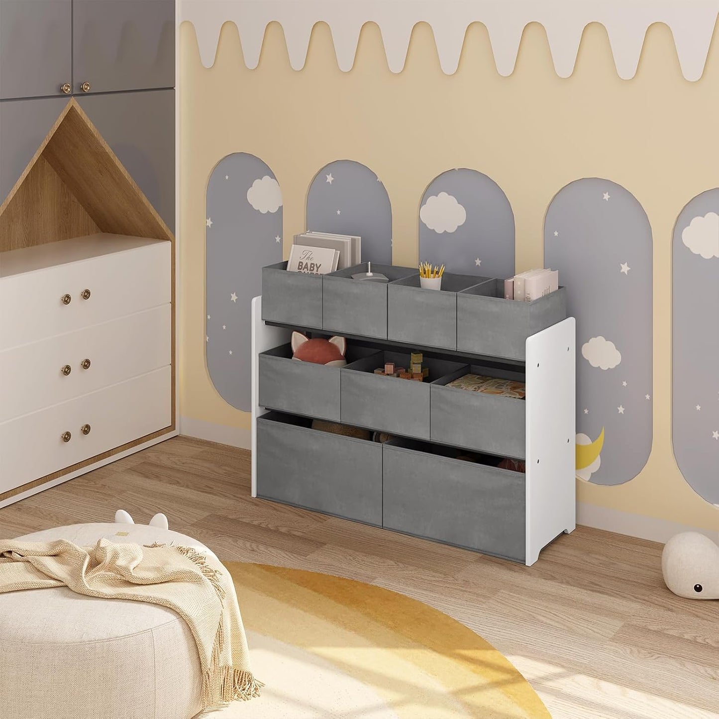 Kinder-Aufbewahrungsregal mit Vliesstoffboxen, Weiss+grau 92x60x30 cm