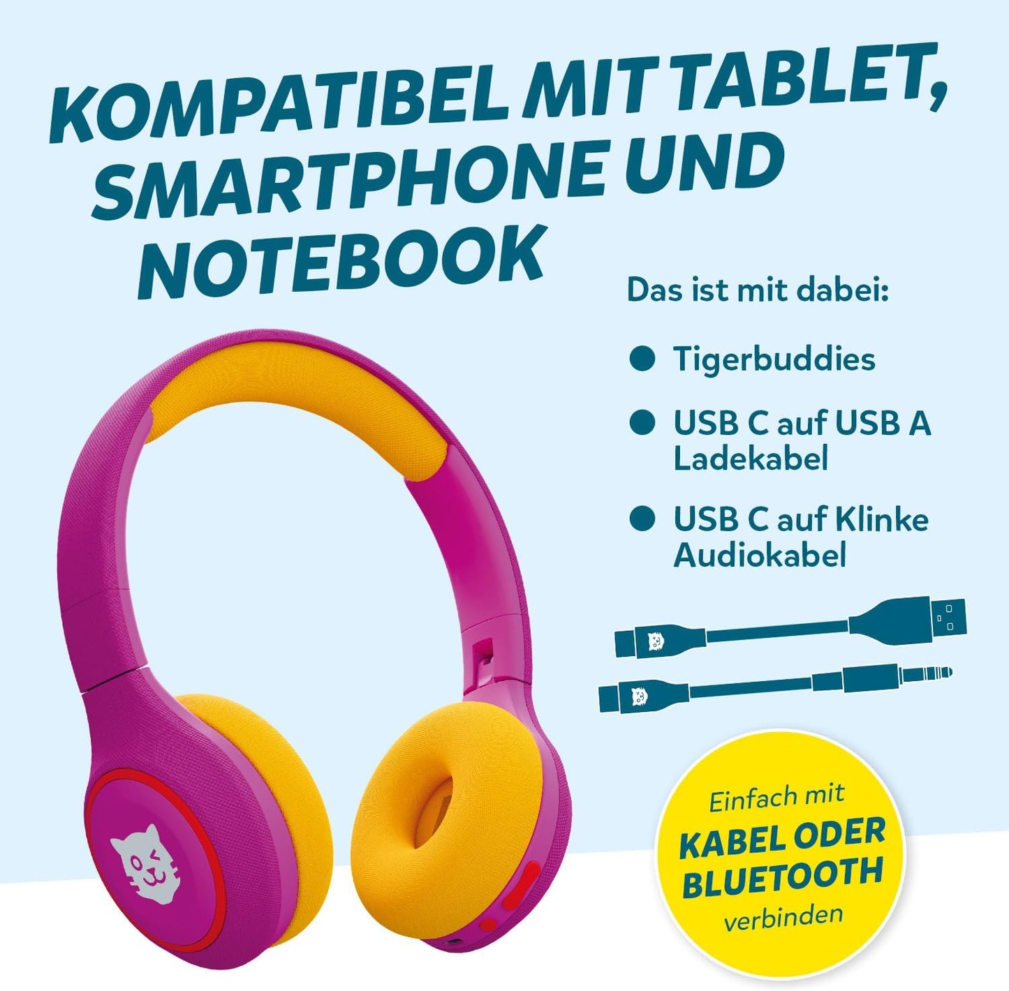 Kinder Bluetooth Kopfhörer mit Lautstärkebegrenzung 85 dB, lila/gelb