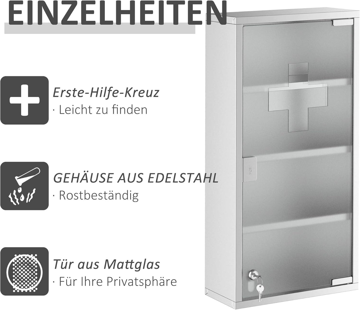 Abschliessbarer Medizinschrank mit 4 Fächern, Silber B30 x T12 x H60 cm