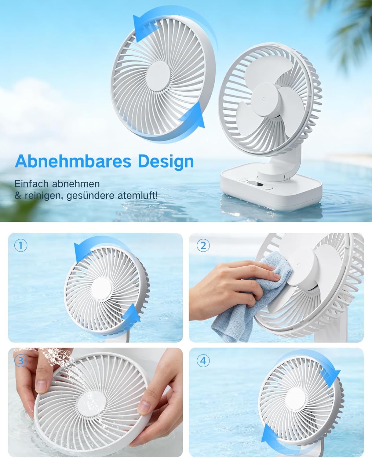 Oszillierender Tischventilator mit Akku und LED Display, Weiss
