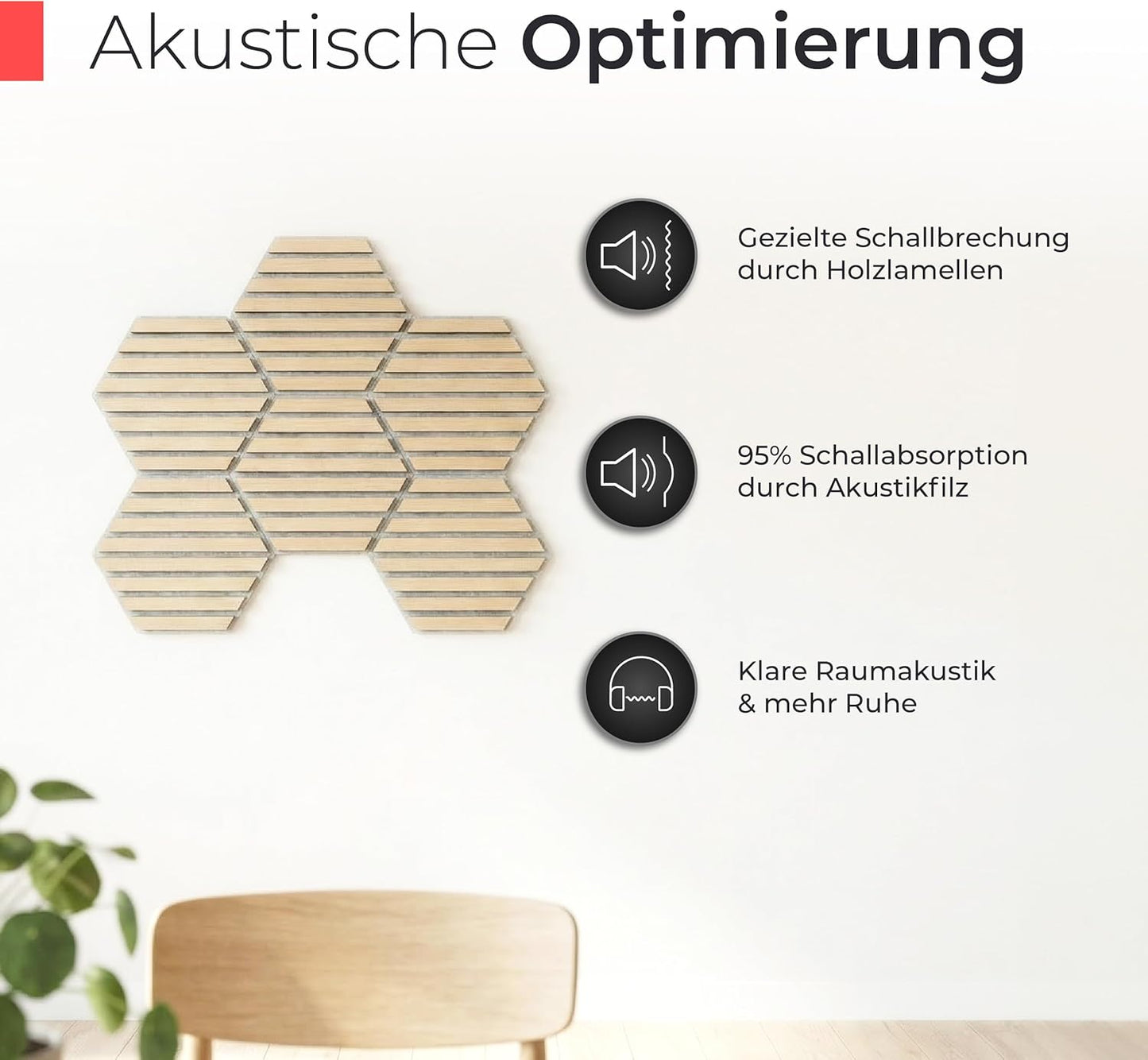 3er Set Akustikpaneele, 3 Stück | 30 x 26 x 2,1 cm Holzfurnier Eiche | Akustikfilz Grau