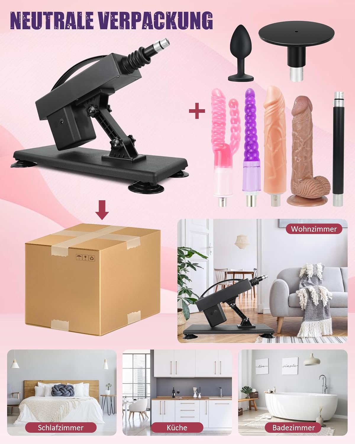 Fickmaschine mit verschiednen Dildo Aufsätzen, Deep Black
