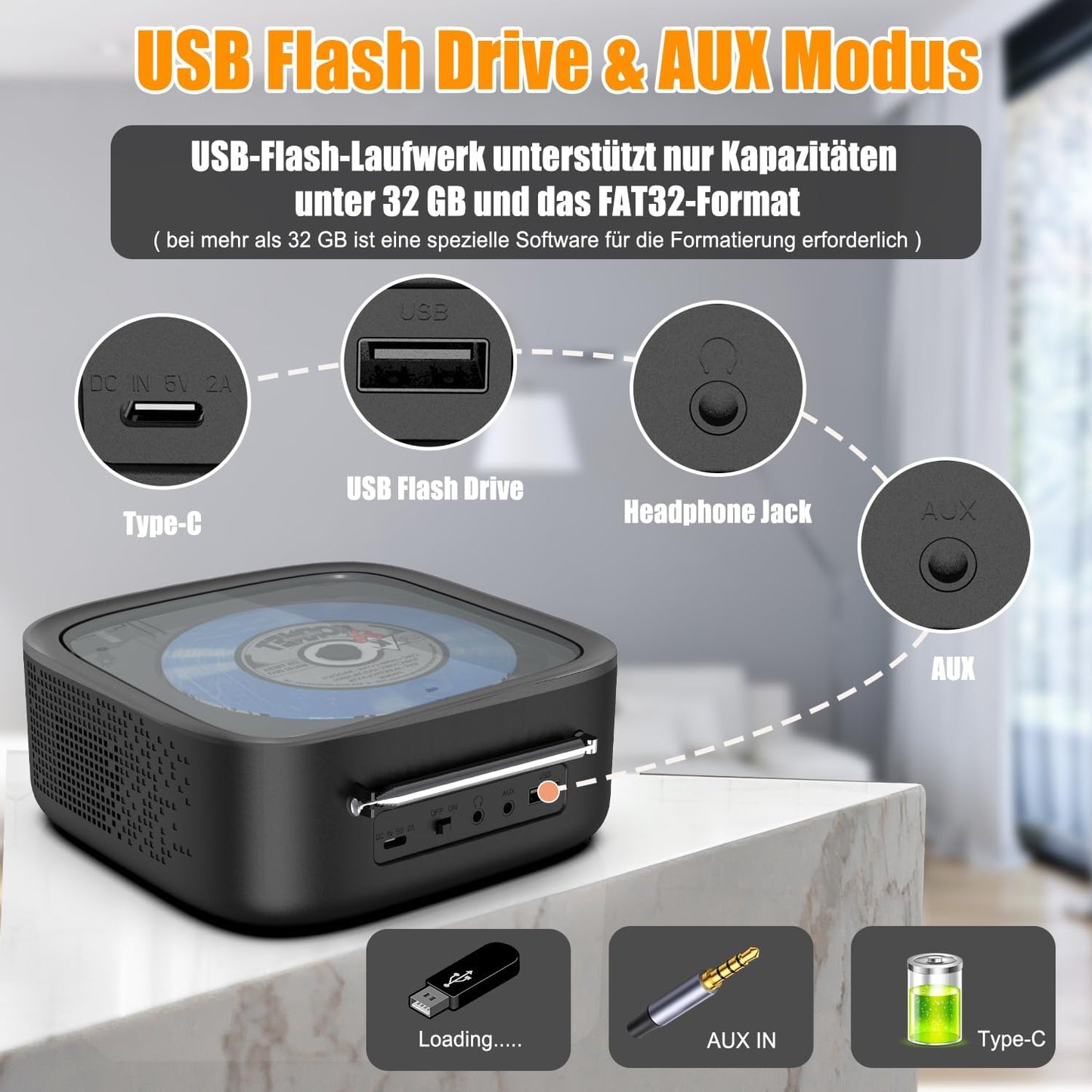 Tragbarer CD-Player mit Bluetooth, CD-HC030-Schwarz