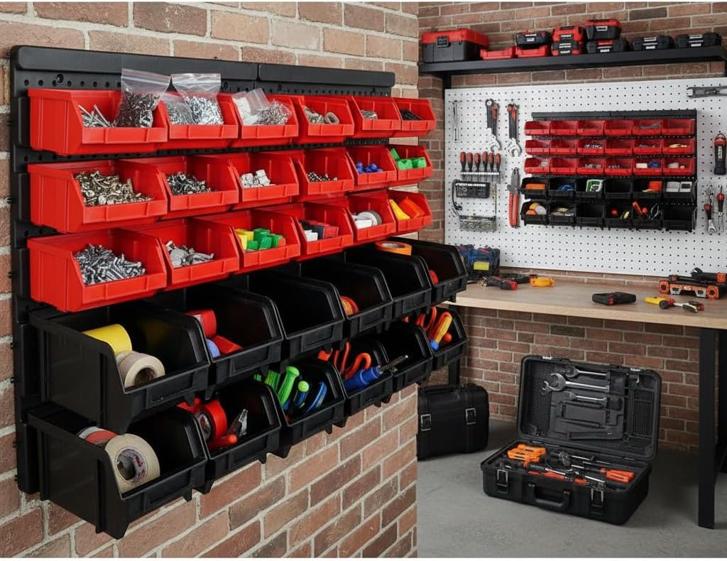 Werkstatt-Wandregal-Set mit 30 Stapelboxen