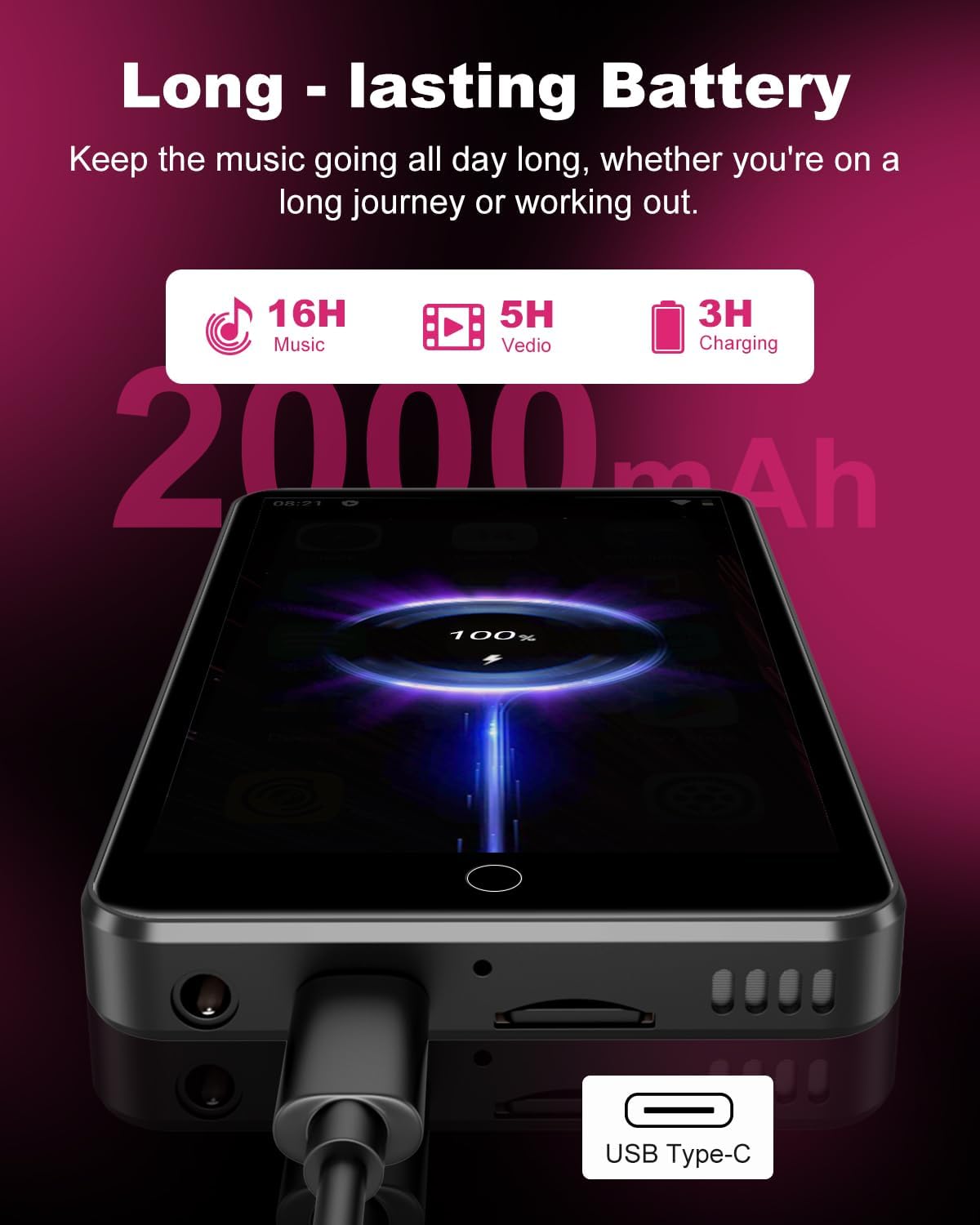 MP3-Player mit Bluetooth, 80 GB - 10,2 cm (4 Zoll), Schwarz