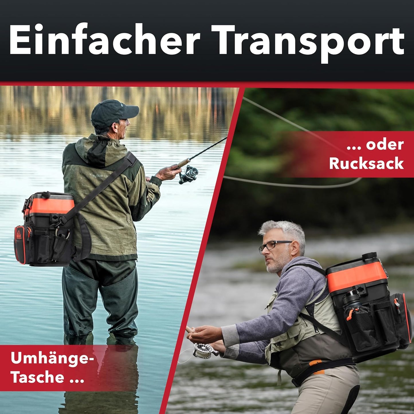 2in1 Angelrucksack mit Sitzfunktion, Schwarz/Rot