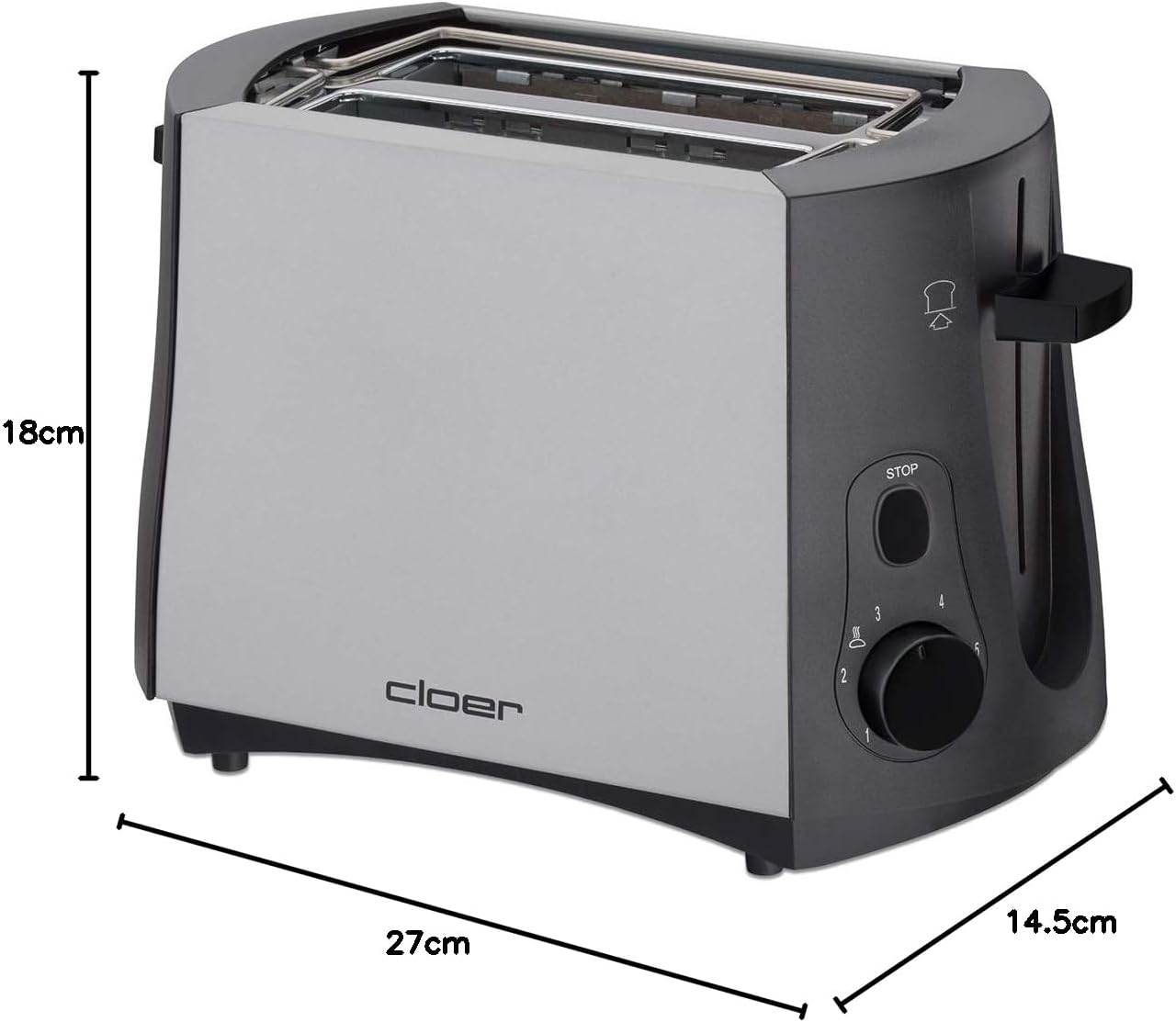 Toaster mit Brötchenaufsatz und Krümelschublade, Mattiertes Metallgehäuse / 2 Scheiben
