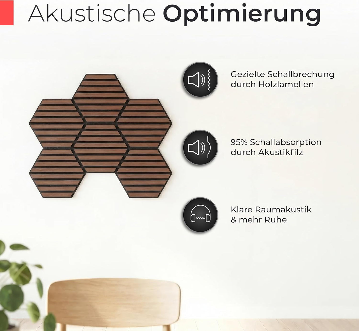 Akustikpaneele 3D, 9 Stück | 30 x 26 x 2,1 cm Holzfurnier Walnuss | Akustikfilz Schwarz