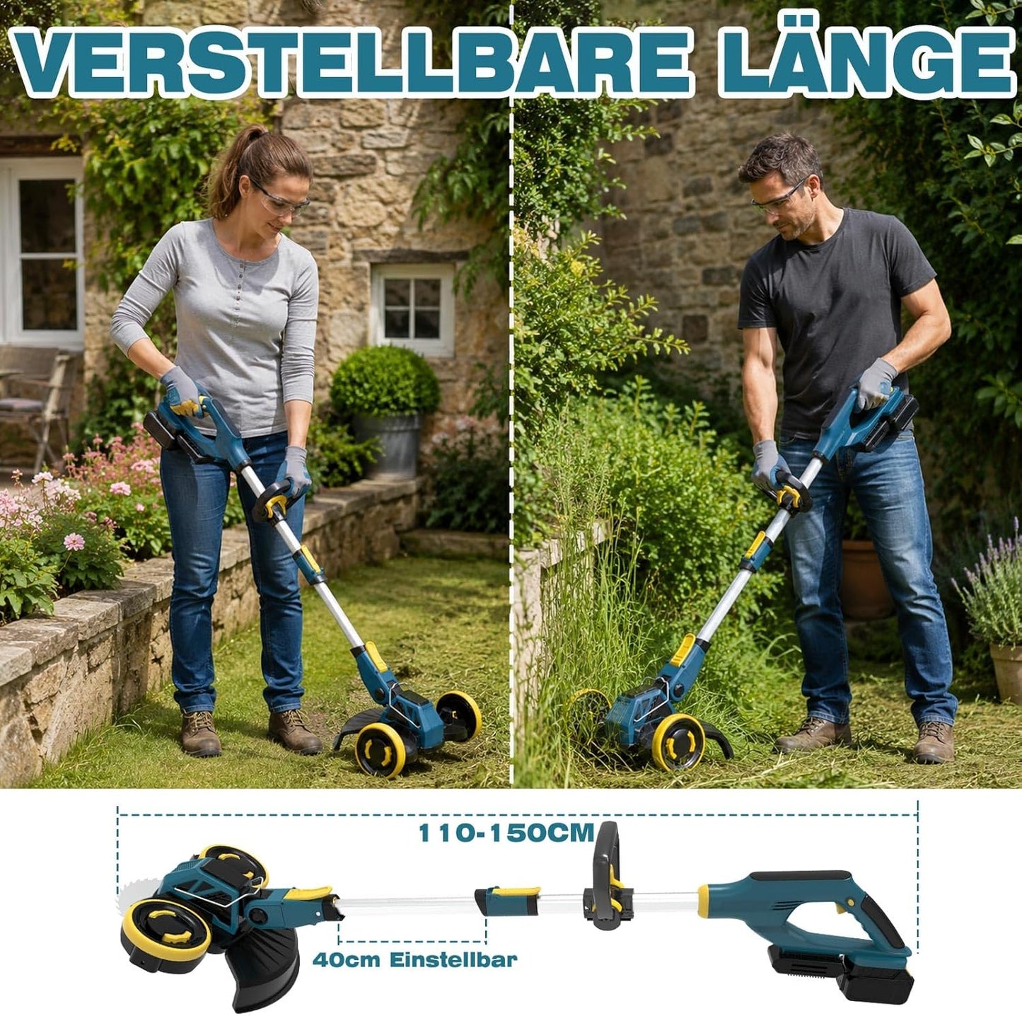 2-in-1 Akku-Rasentrimmer mit Unkrautbürste, Grau-Gelb