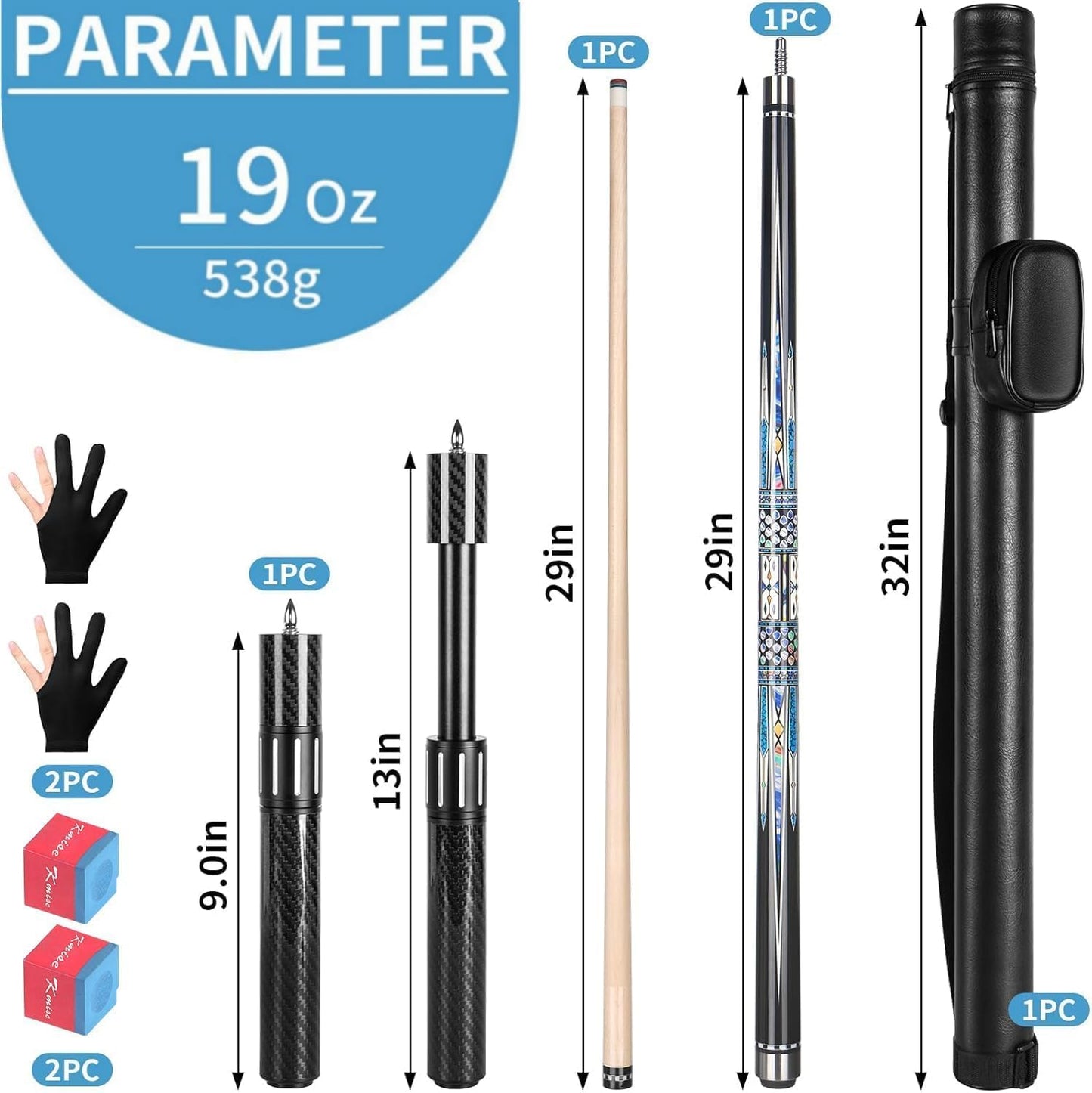 Billard-Queue-Set, 19 Unzen (538g) blau-lila