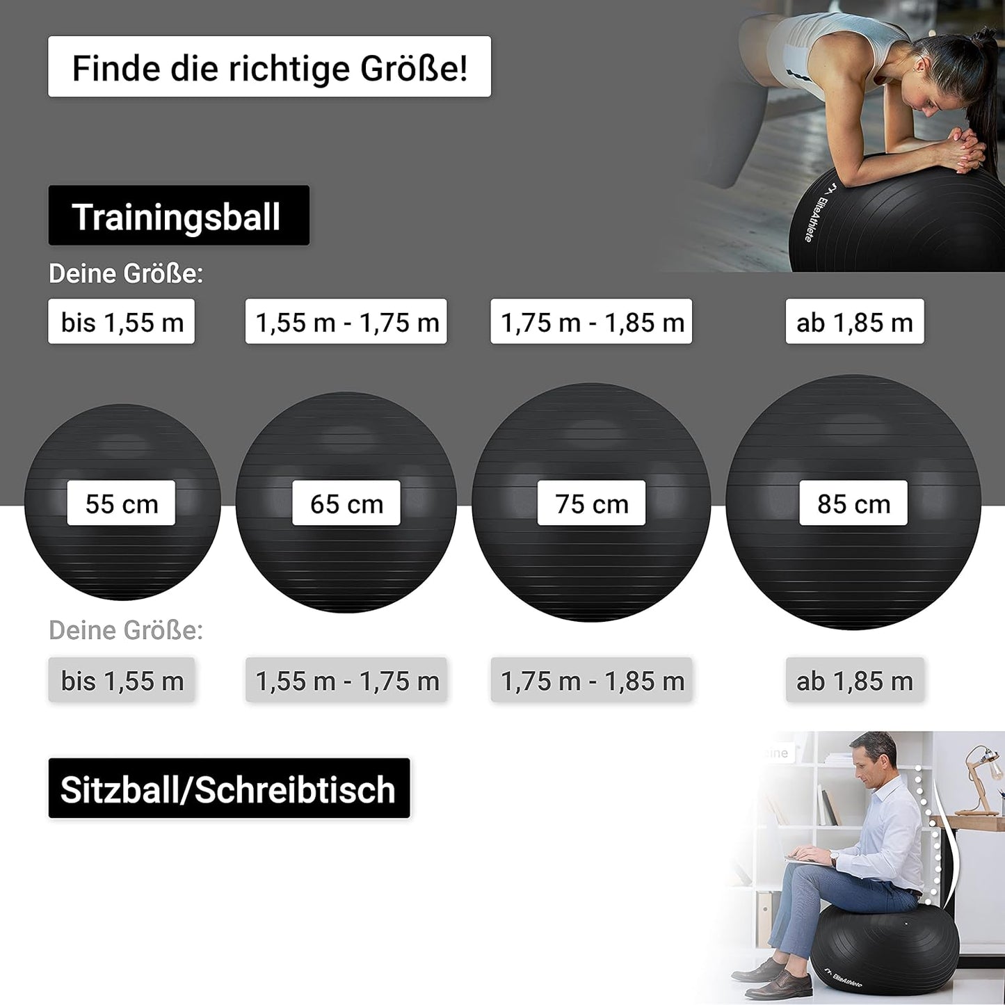 Ergonomischer Gymnastikball mit Anti-Burst System, Midnight Black 55cm