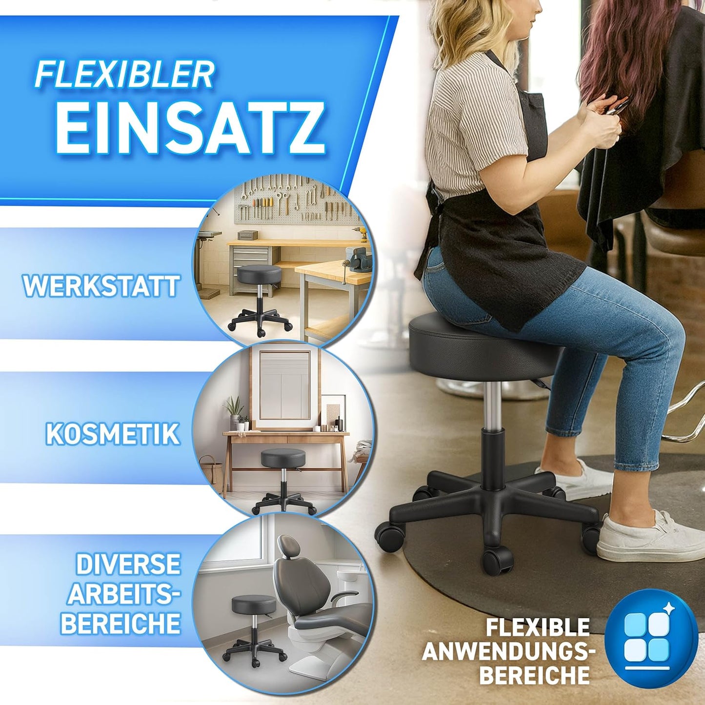 Höhenverstellbarer Rollhocker, Schwarz Matt