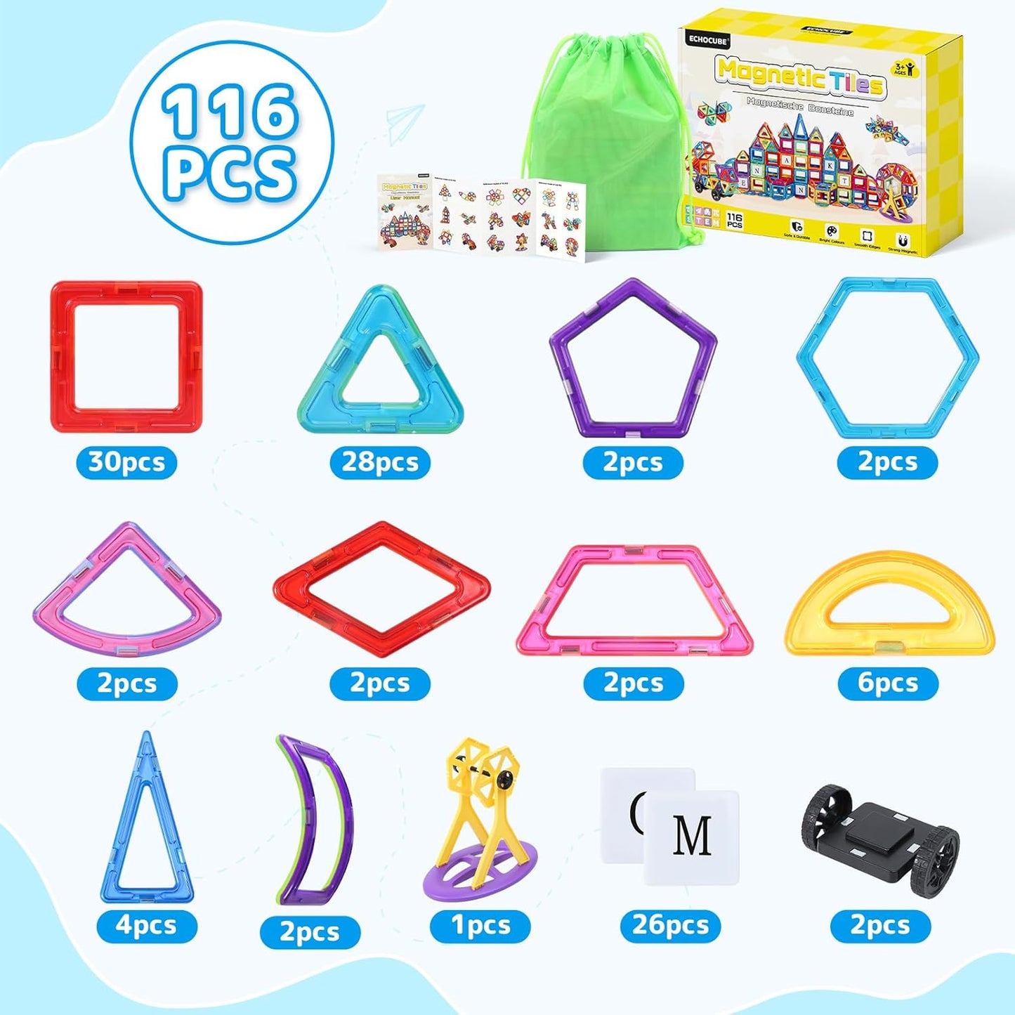 Magnetische Bauklötze (116-teilig) für Kinder, 4 cm x 4 cm x 0.5 cm Mehrfarbig