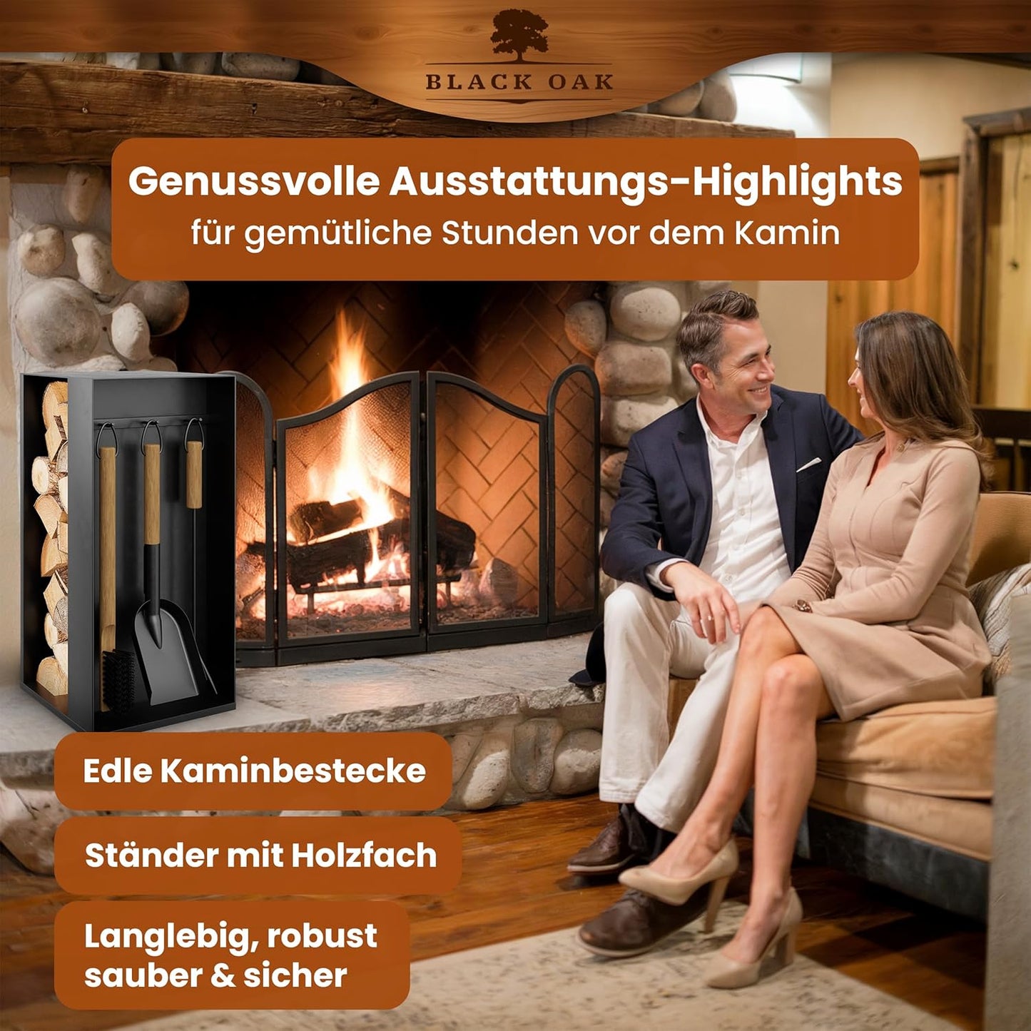 4-teiliges Kaminbesteck-Set Aspen mit Holzfach, Aspen 4-teilig Schwarz