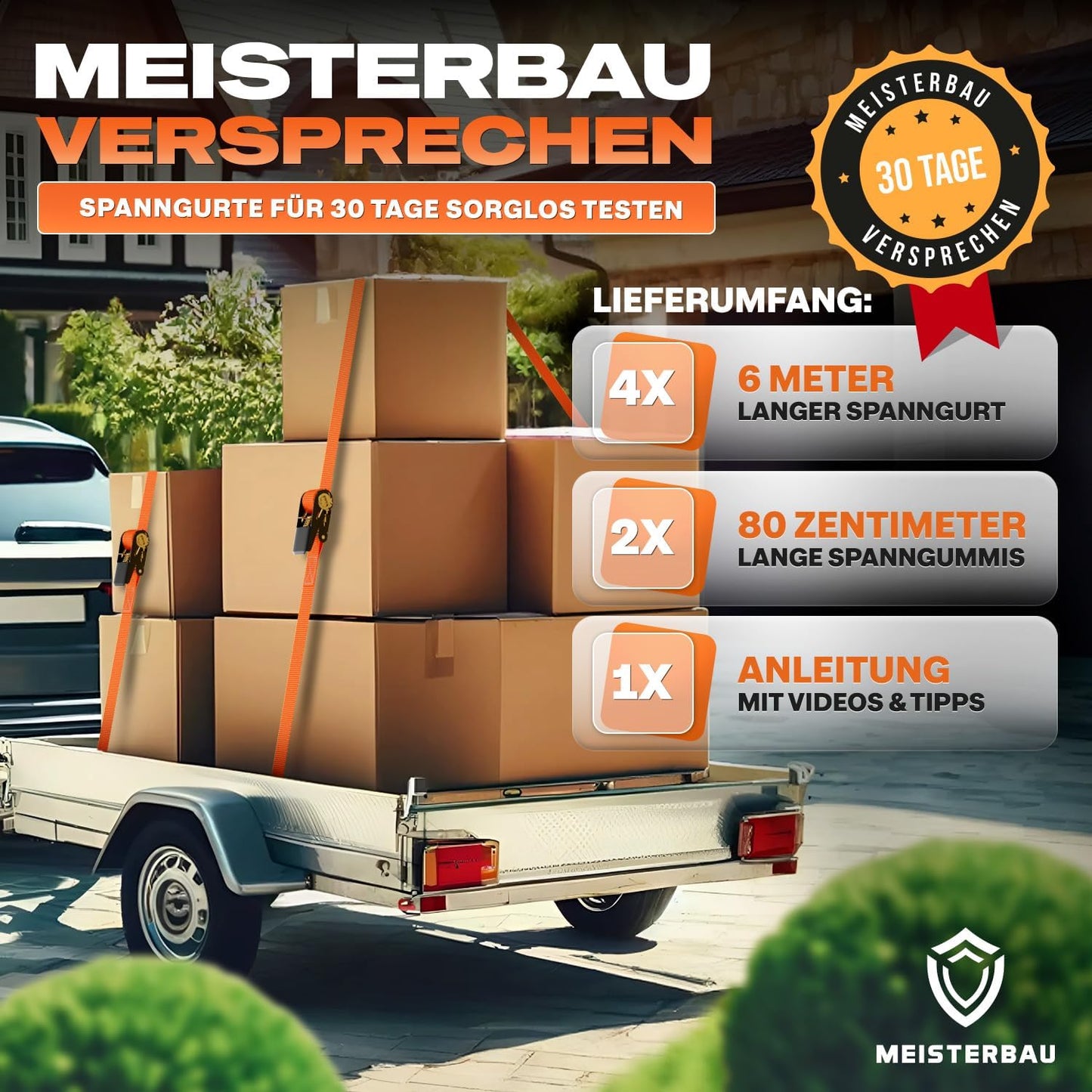 Spanngurte mit Ratsche 4er-Set 6m, Orange 6m