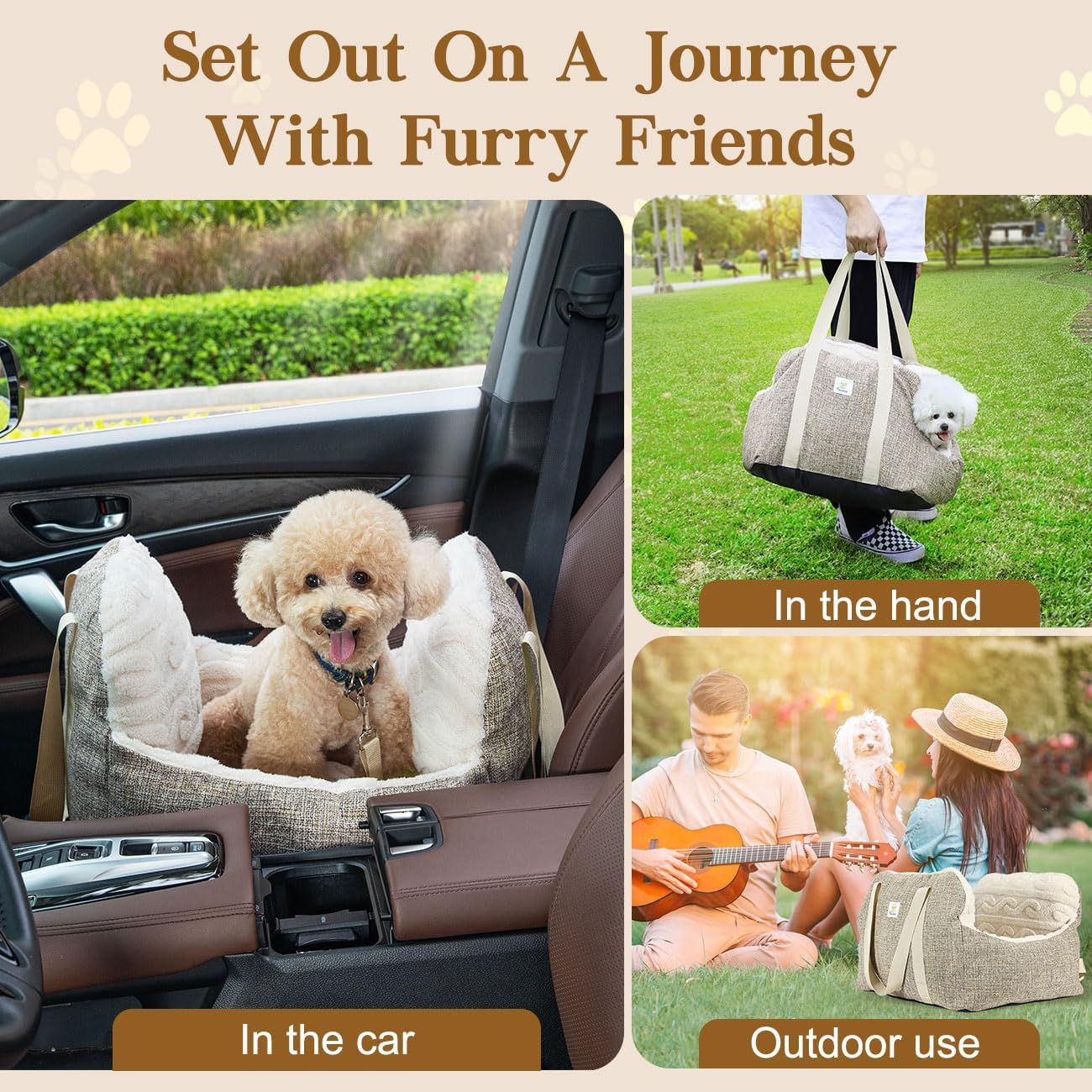 Autositz mit Sicherheitsgurt für Hunde, Braun+Beige