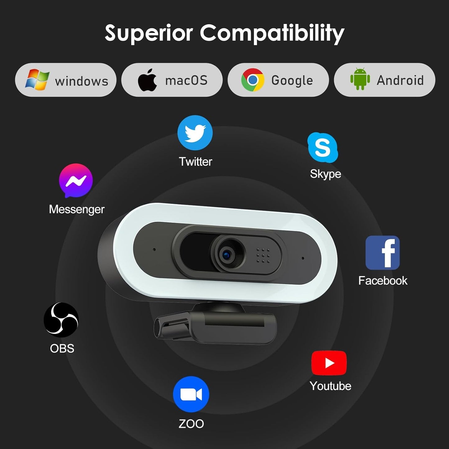 Webcam HD 2K mit Ringlicht und Autofokus, W4LS 2K