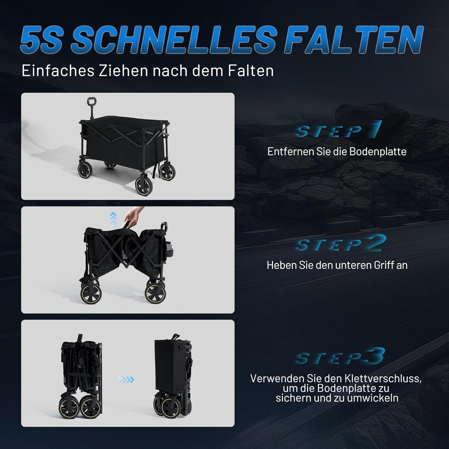 Faltbarer Bollerwagen mit verstellbarem Griff, Schwarz