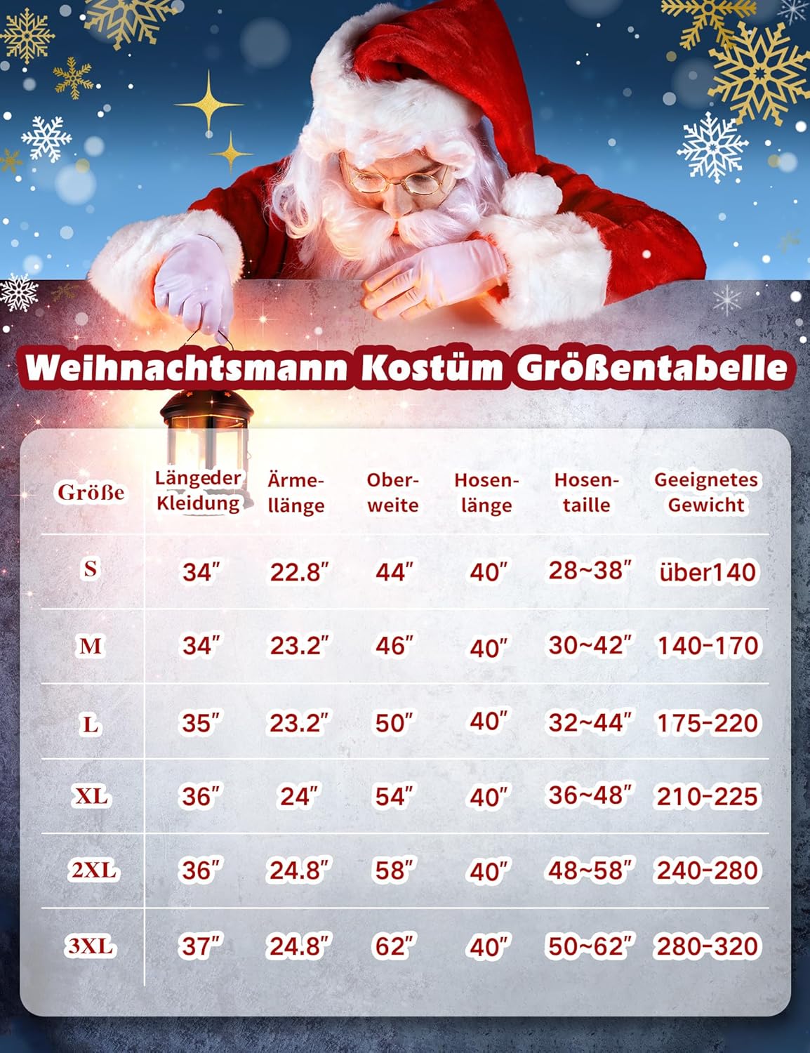 11-teiliges Weihnachtsmann Kostüm, XL